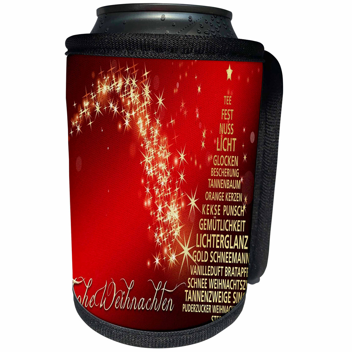 3dRose Christmas - Image of Gold Tree And Words On Red In German - Can Cooler Bottle Wrap (cc_290333)