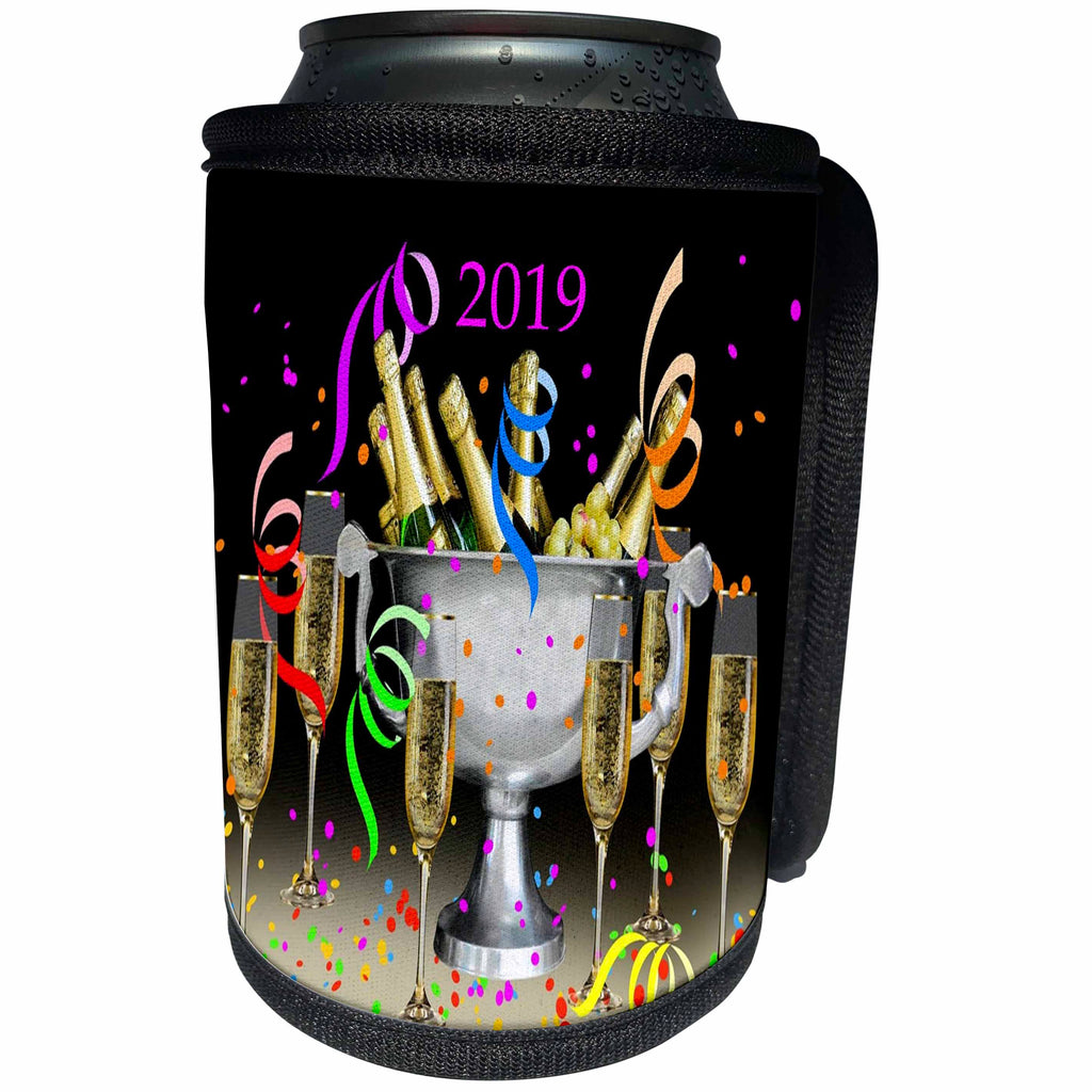 3dRose Happy New Year - Image of Champagne Bucket And Glasses And Ribbons With 2019 - Can Cooler Bottle Wrap (cc_290334)