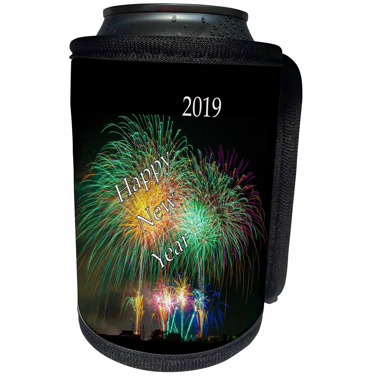 3dRose Happy New Year - Image of Happy New Year On Colorful Fireworks 2019 - Can Cooler Bottle Wrap (cc_290337)