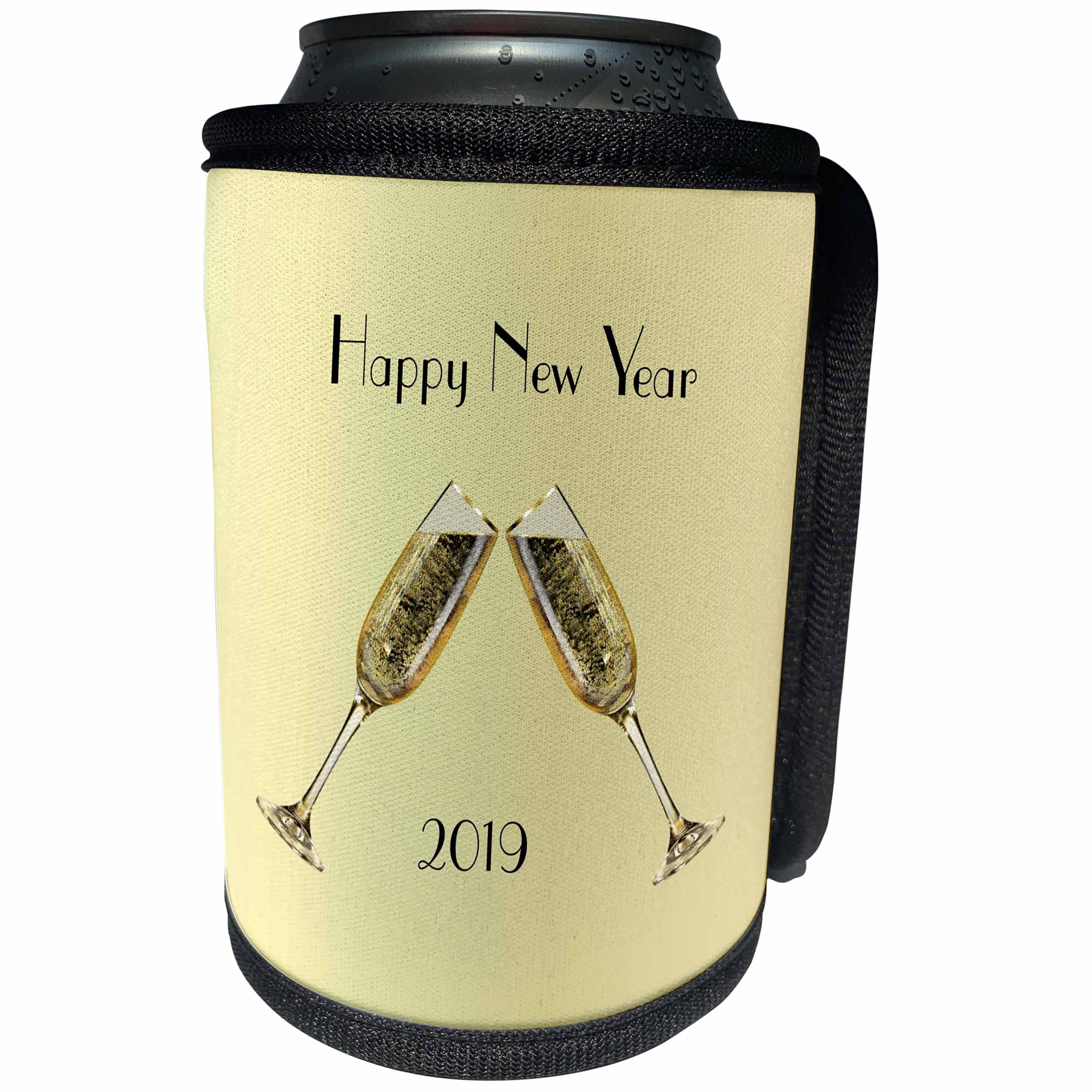 3dRose Happy New Year - Image of Elegant Gold Champagne Glasses With 2019 In Black - Can Cooler Bottle Wrap (cc_290357)
