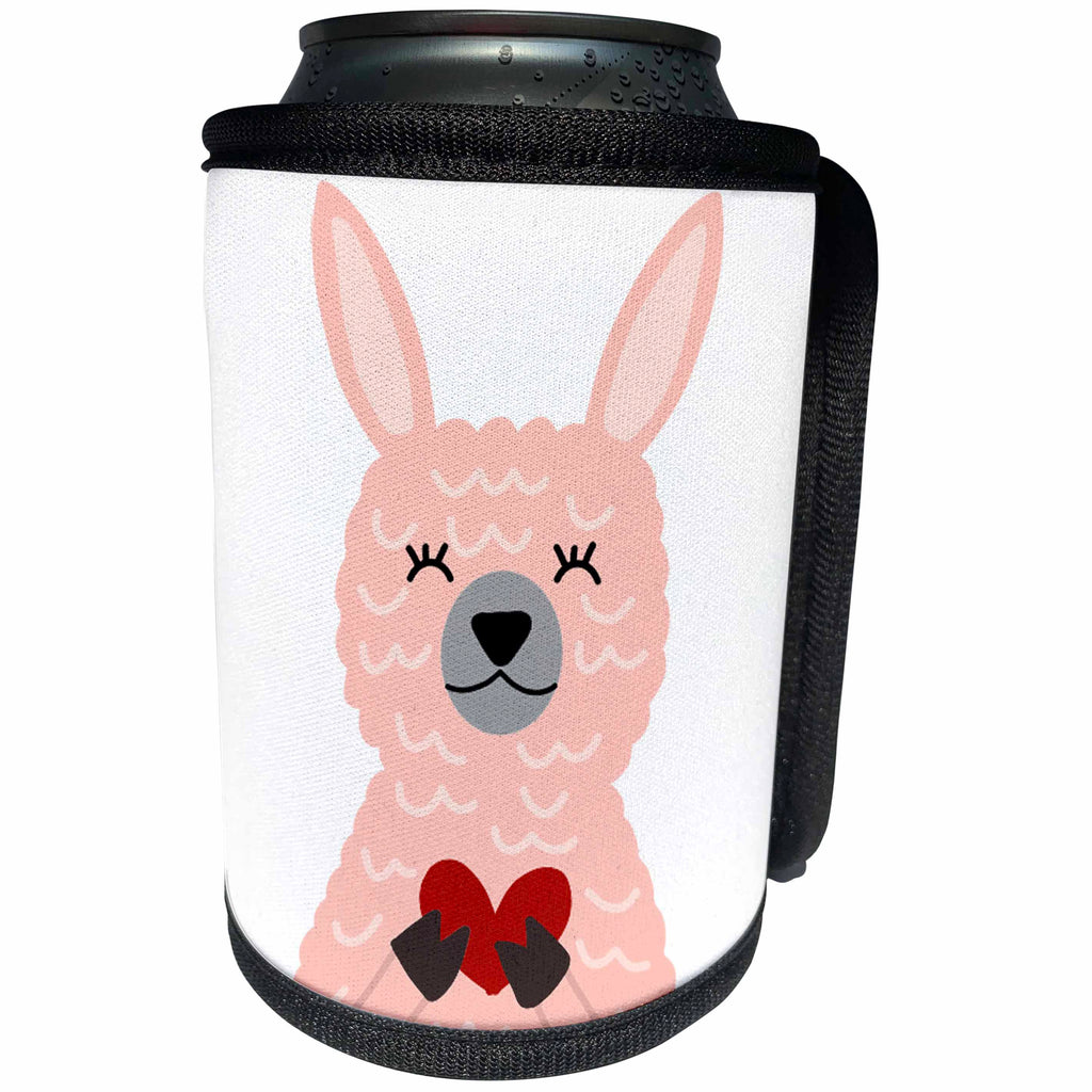 3dRose AllSouthernDesignTees - Zoo Animals - Cute adorable pink llama holding a heart cartoon - Can Cooler Bottle Wrap (cc_290634)