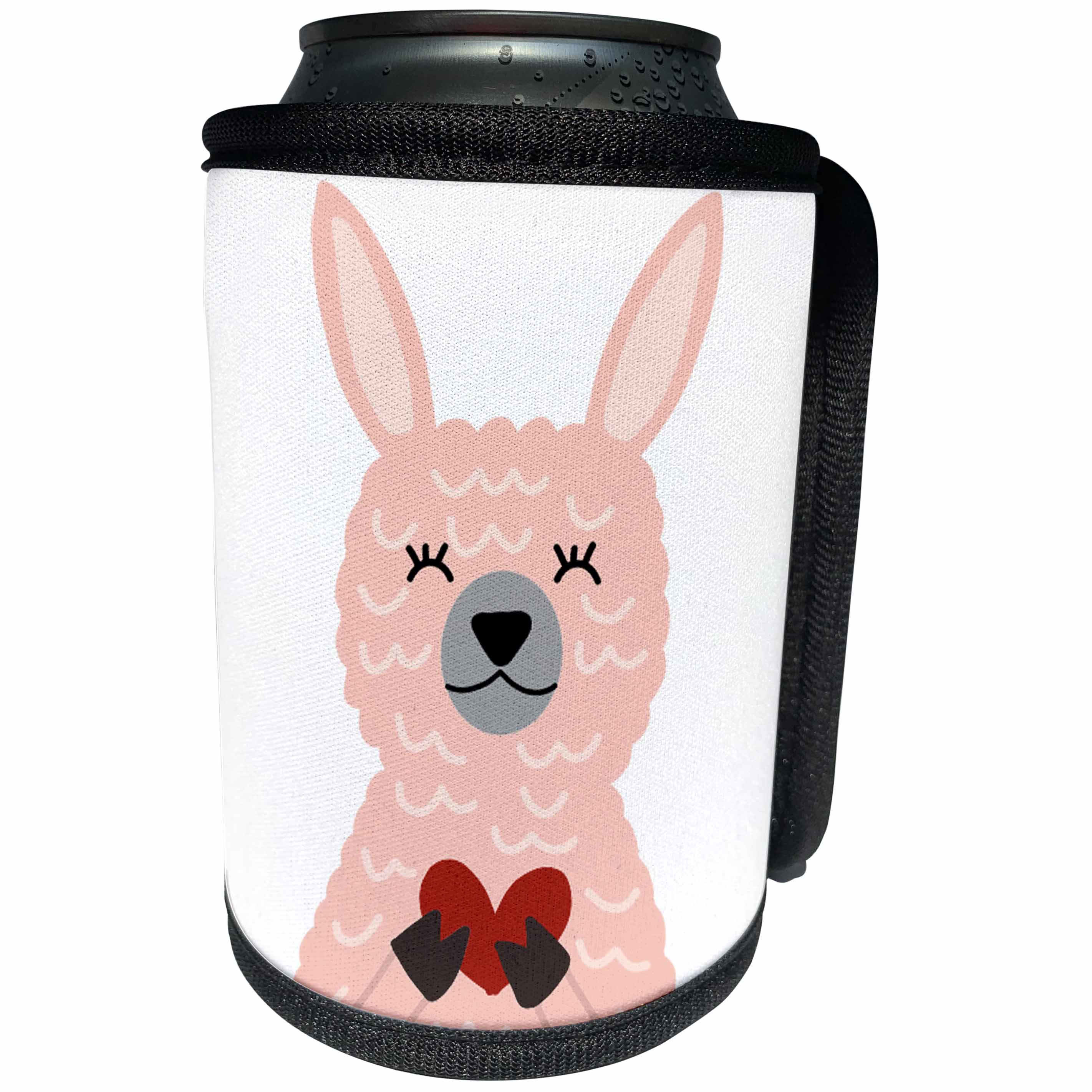 3dRose AllSouthernDesignTees - Zoo Animals - Cute adorable pink llama holding a heart cartoon - Can Cooler Bottle Wrap (cc_290634)
