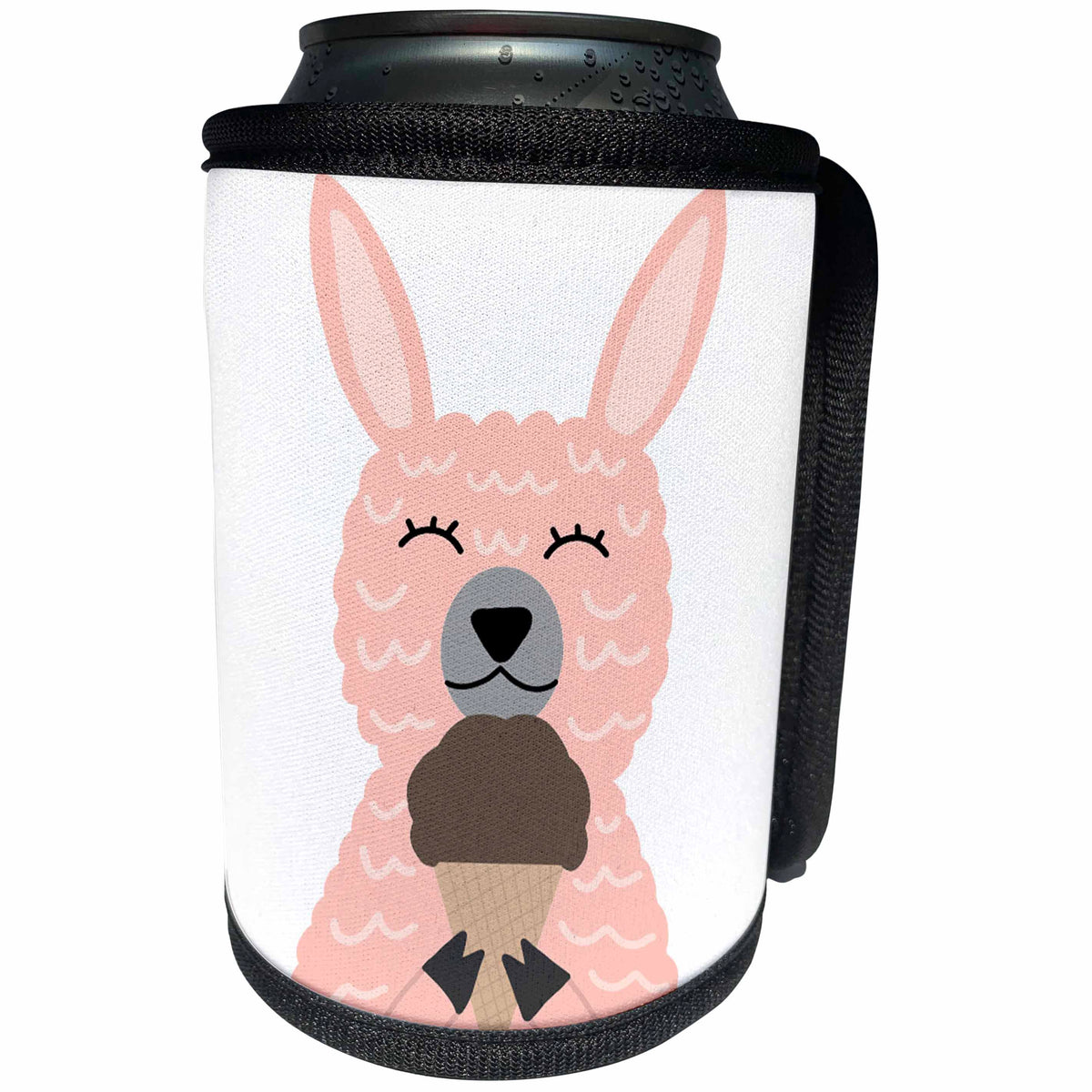3dRose AllSouthernDesignTees - Zoo Animals - Cute cuddly pink llama eating a chocolate ice cream cone - Can Cooler Bottle Wrap (cc_290642)