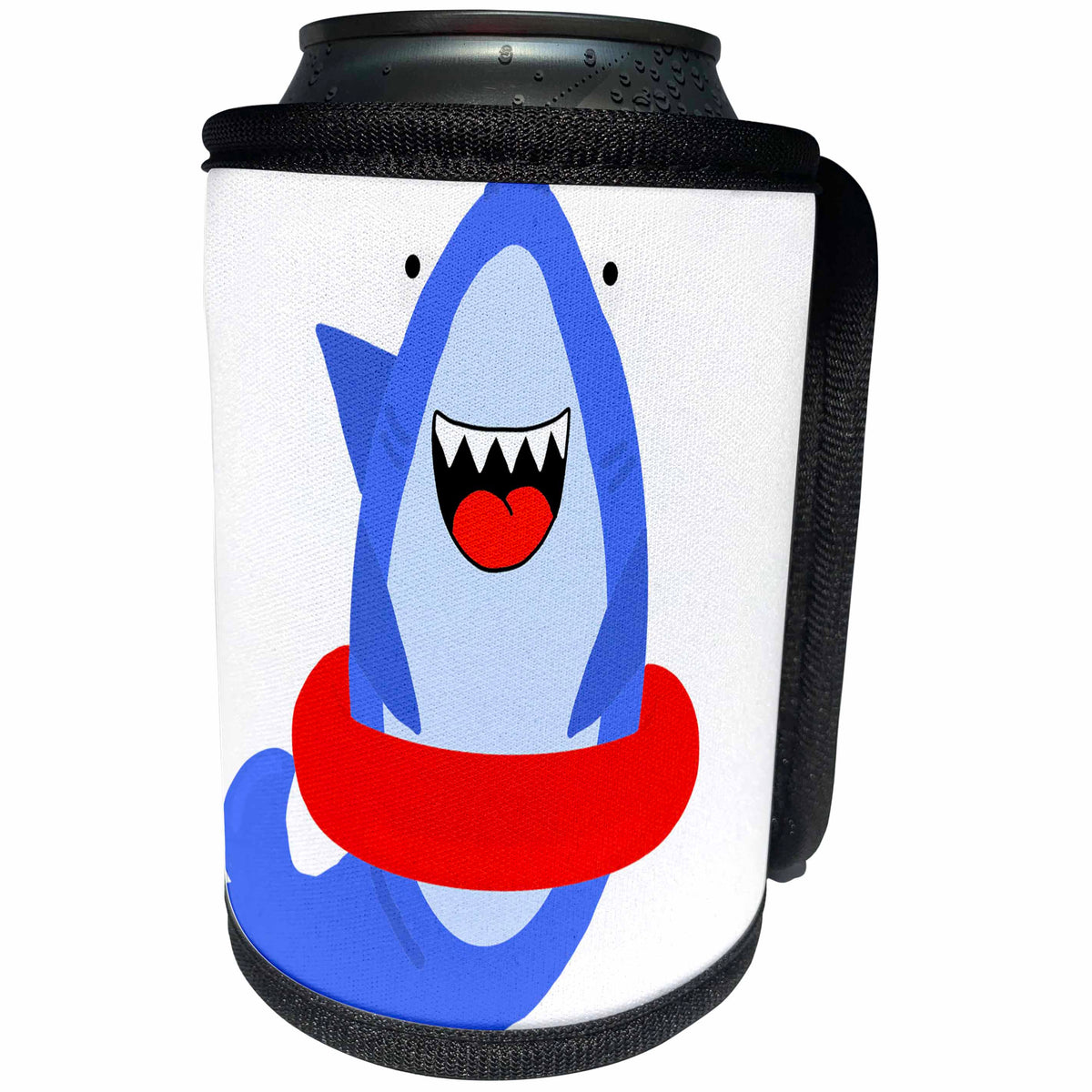 3dRose AllSouthernDesignTees - Beach - Fun Adorable Shark Wearing a red Swim Float Ring - Can Cooler Bottle Wrap (cc_290651)