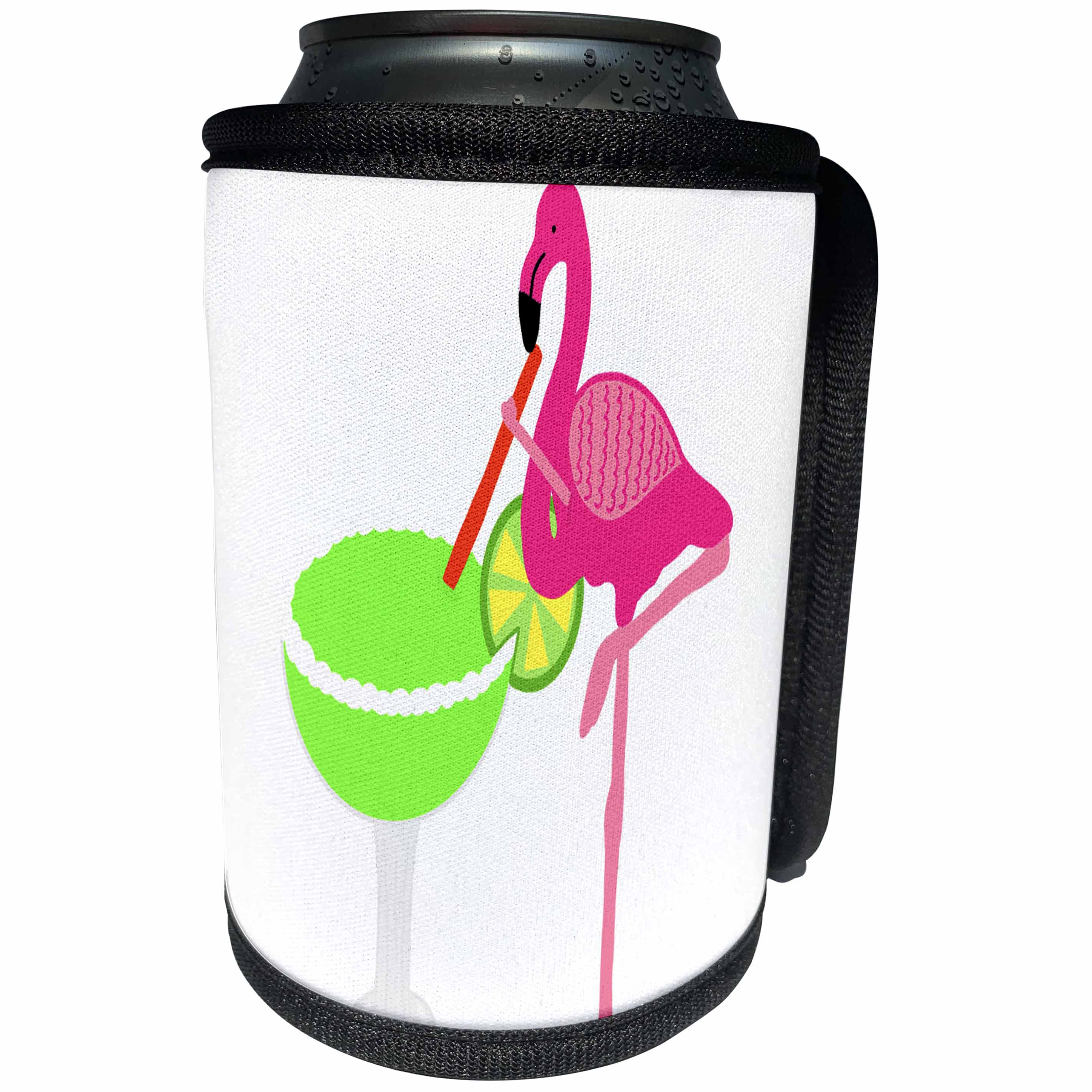 3dRose AllSouthernDesignTees - Drinking - Funky colorful cute pink flamingo drinking a margarita cartoon - Can Cooler Bottle Wrap (cc_290659)