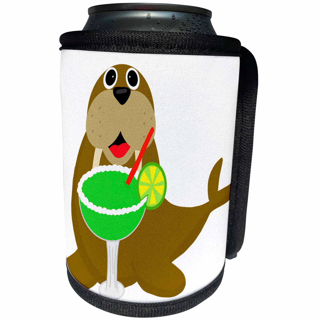 3dRose AllSouthernDesignTees - Drinking - Cool funny fabulous walrus drinking a margarita cartoon - Can Cooler Bottle Wrap (cc_290678)