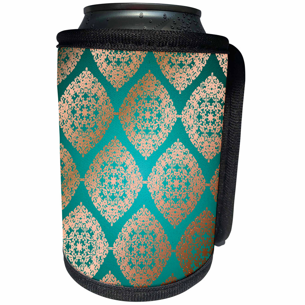 3dRose Sven Herkenrath - Art - Golden Geometrical Pattern On Turquoise Background - Can Cooler Bottle Wrap (cc_290707)