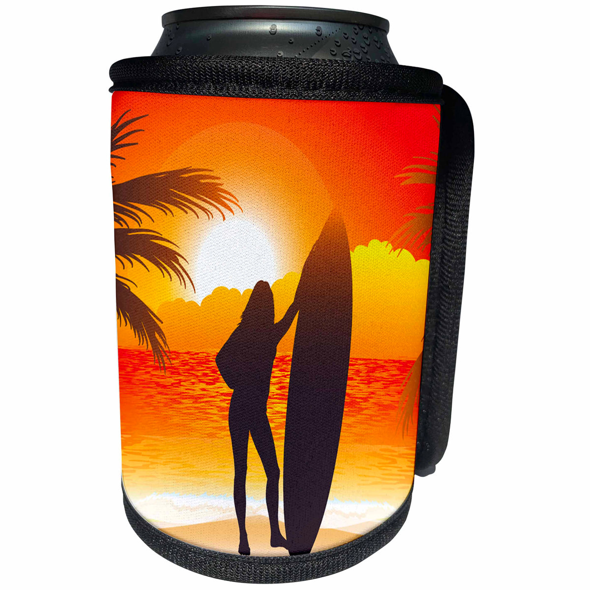 3dRose Sven Herkenrath - Holiday - Silhouette of a Woman with Surfboard Sunset at the Beach - Can Cooler Bottle Wrap (cc_290722)