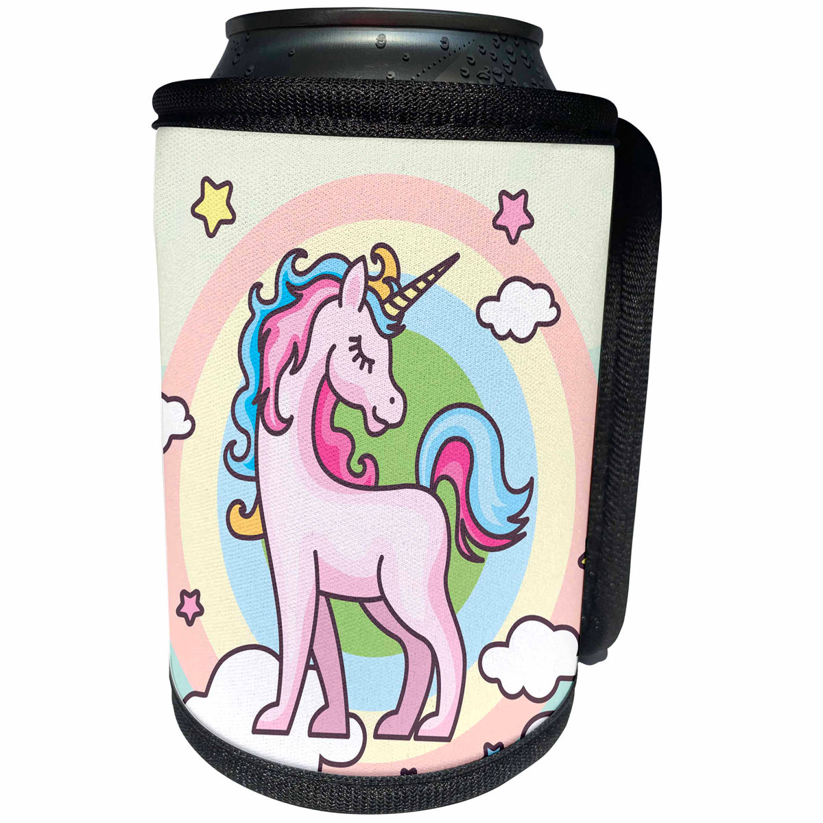 3dRose Sven Herkenrath - Animal - Cute Pink Unicorn on Rainbow Background - Can Cooler Bottle Wrap (cc_290729)