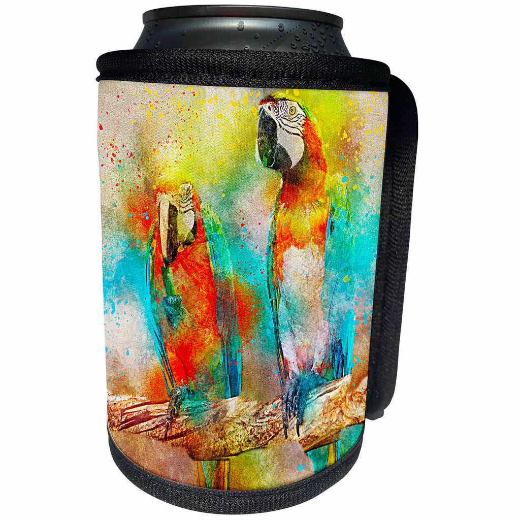 3dRose Sven Herkenrath - Animal - Two Cute Parrots on a Branch Colorful Drawing - Can Cooler Bottle Wrap (cc_290740)