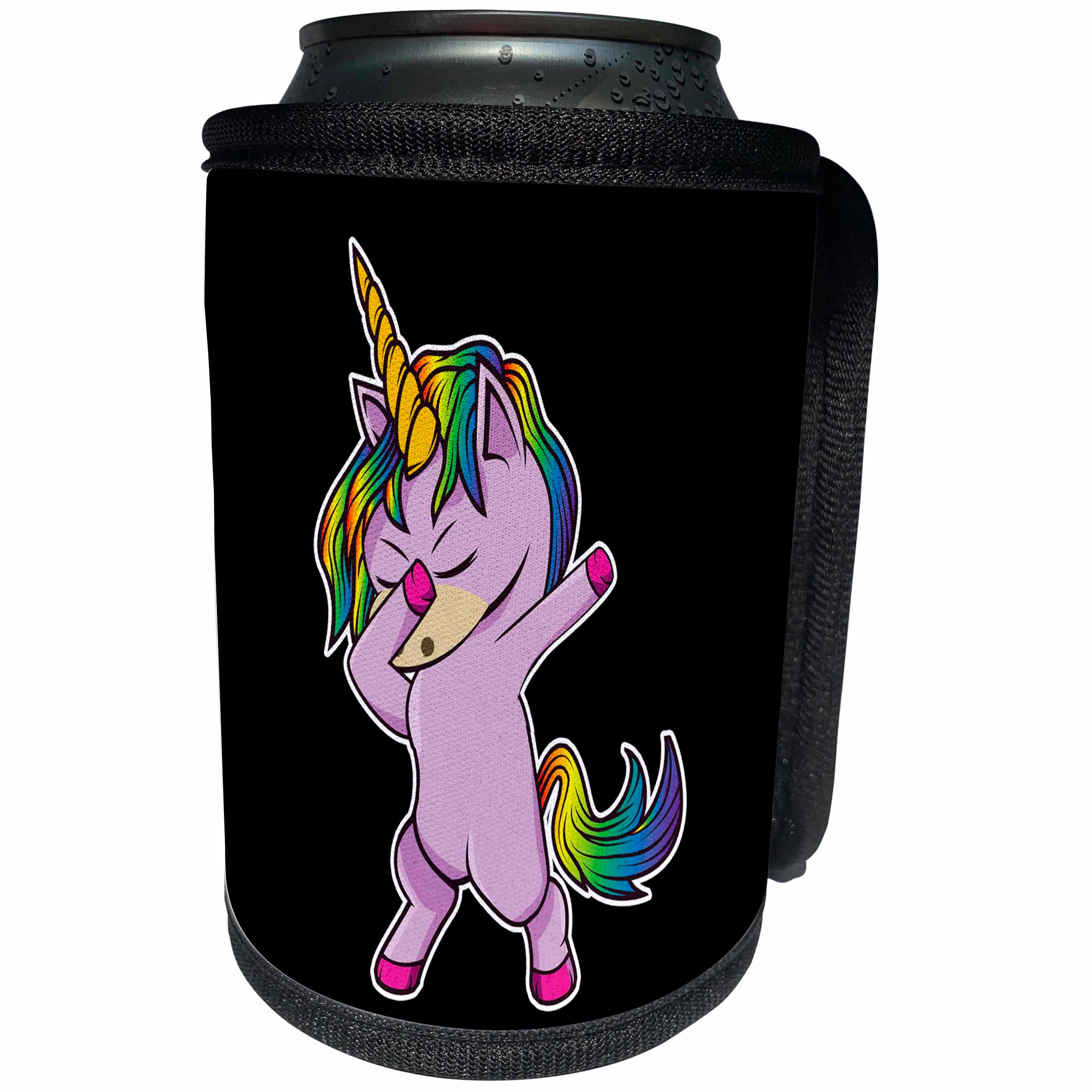 3dRose Sven Herkenrath - Animal - Cute Little Pink Dab Dabbing Unicorn on Black Background - Can Cooler Bottle Wrap (cc_290743)