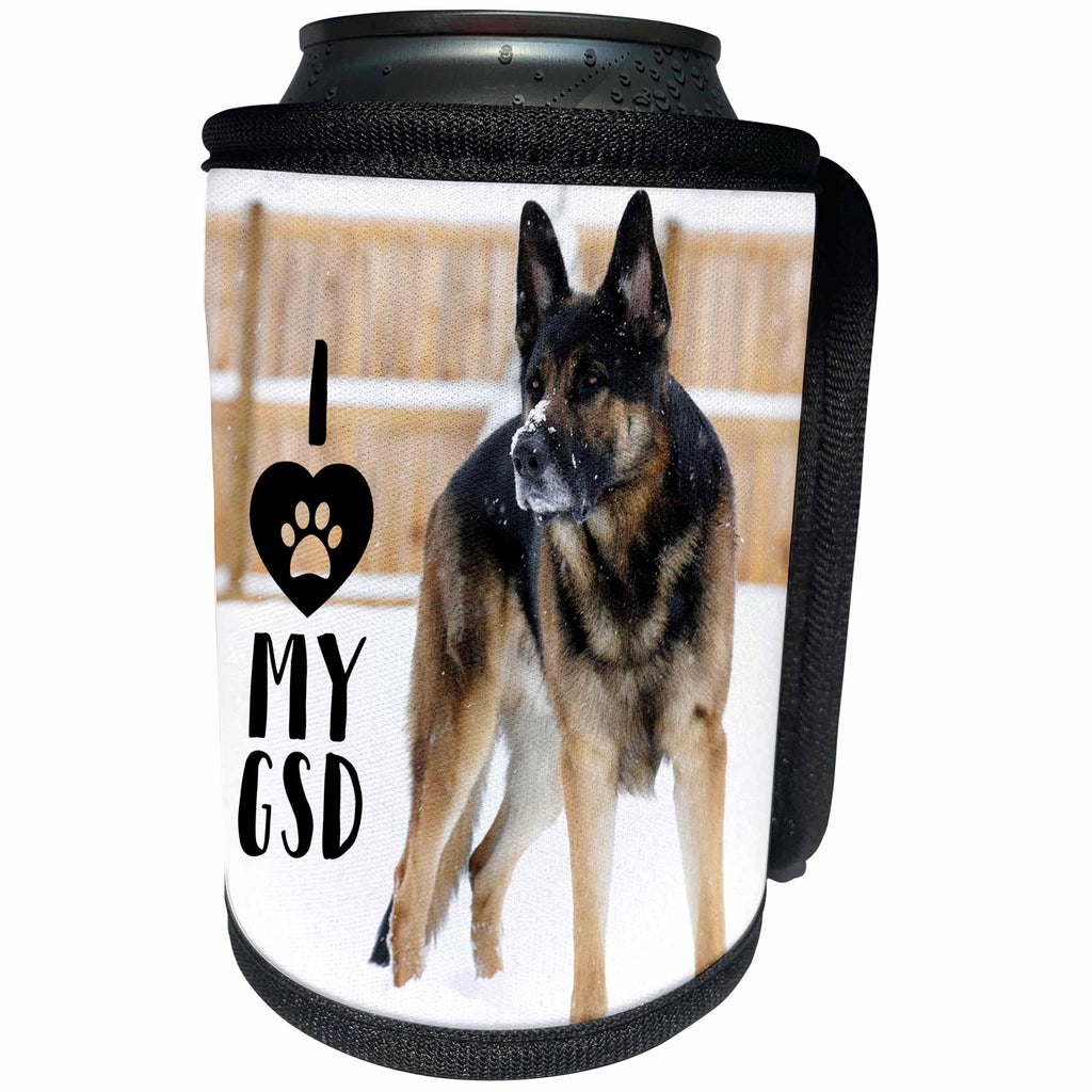 3dRose Stamp City - animals - Photograph of German Shepherd dog in the snow. I love my GSD. - Can Cooler Bottle Wrap (cc_290753)