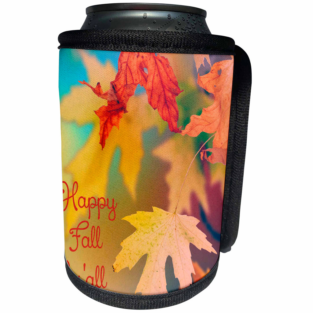 3dRose Stamp City - nature - Photograph of colorful autumn maple leaves. Happy Fall Yall. - Can Cooler Bottle Wrap (cc_290759)