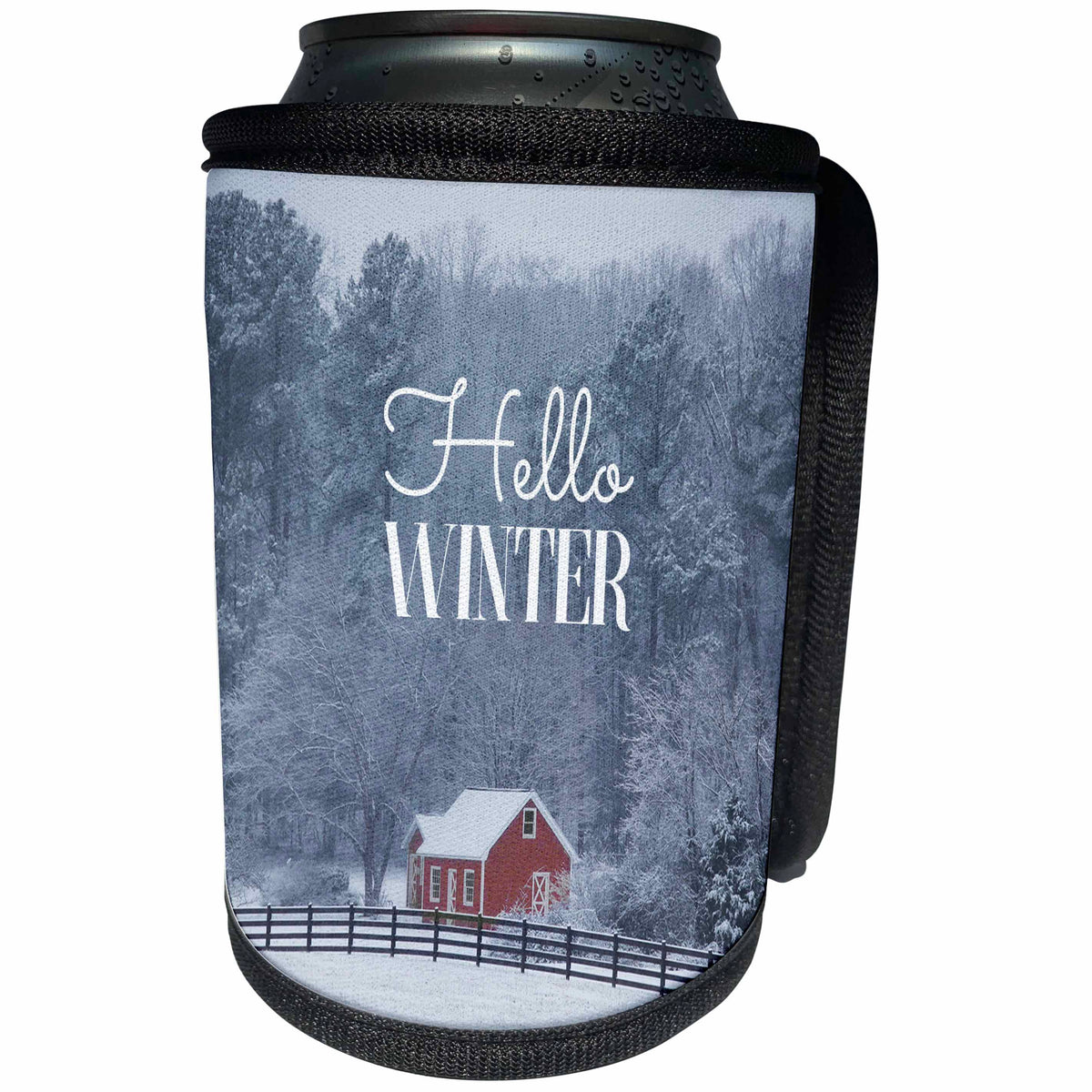 3dRose Stamp City - landscape - Photograph of litte red barn in the freshly fallen snow. Hello Winter. - Can Cooler Bottle Wrap (cc_290773)