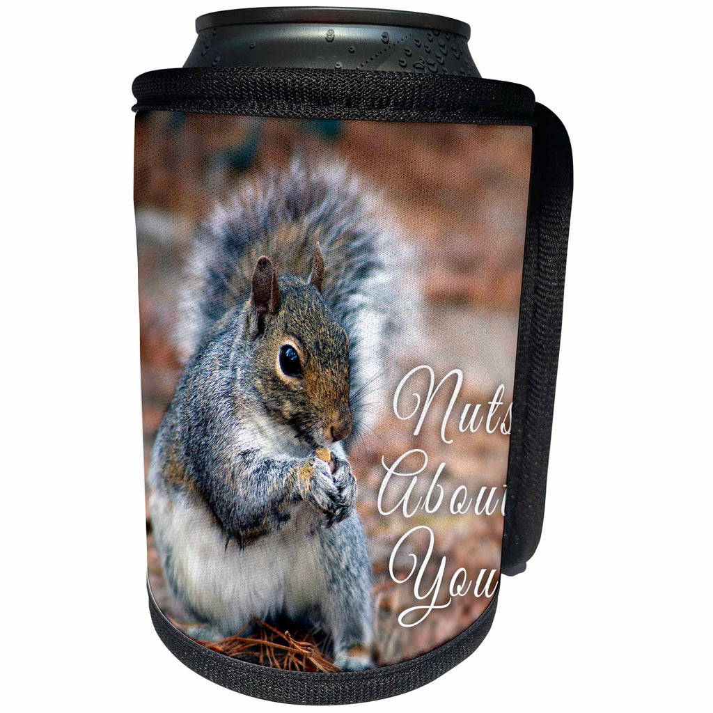 3dRose Stamp City - animals - Photograph of a squirrel munching on a snack. He is nuts about you. - Can Cooler Bottle Wrap (cc_290788)