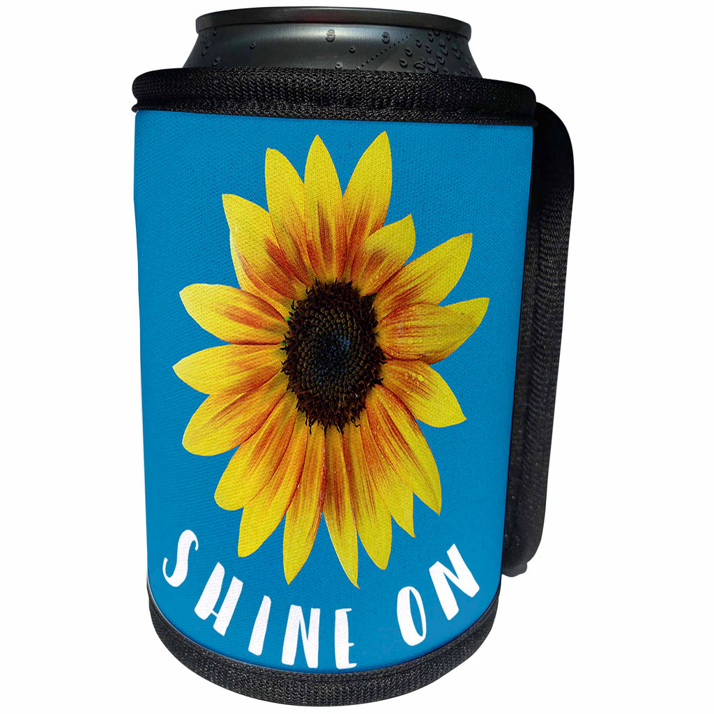 3dRose Stamp City - flowers - Photo of a sunflower from our garden on a blue background. Shine on. - Can Cooler Bottle Wrap (cc_290789)