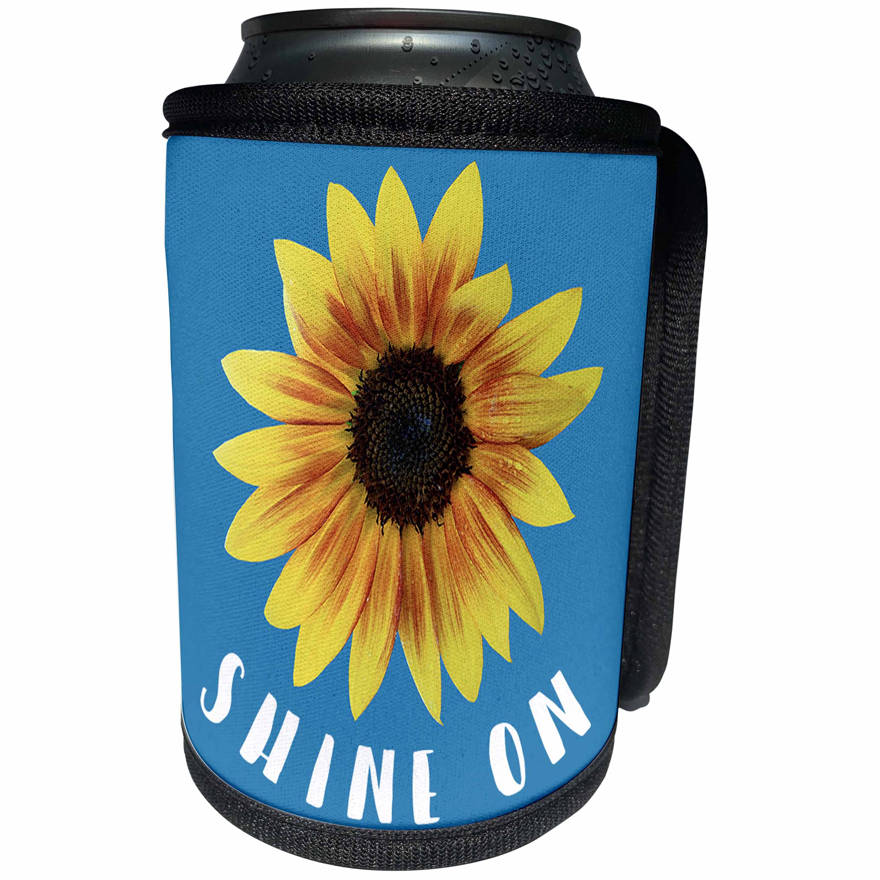 3dRose Stamp City - flowers - Photo of a sunflower from our garden on a blue background. Shine on. - Can Cooler Bottle Wrap (cc_290789)