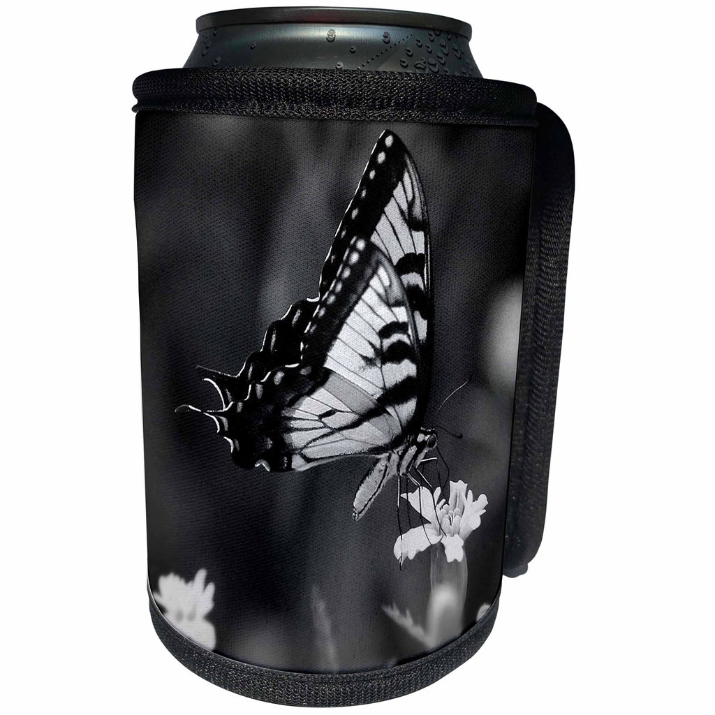 3dRose Stamp City - insects - Black and white photograph of a Swallowtail butterfly on a marigold. - Can Cooler Bottle Wrap (cc_290792)