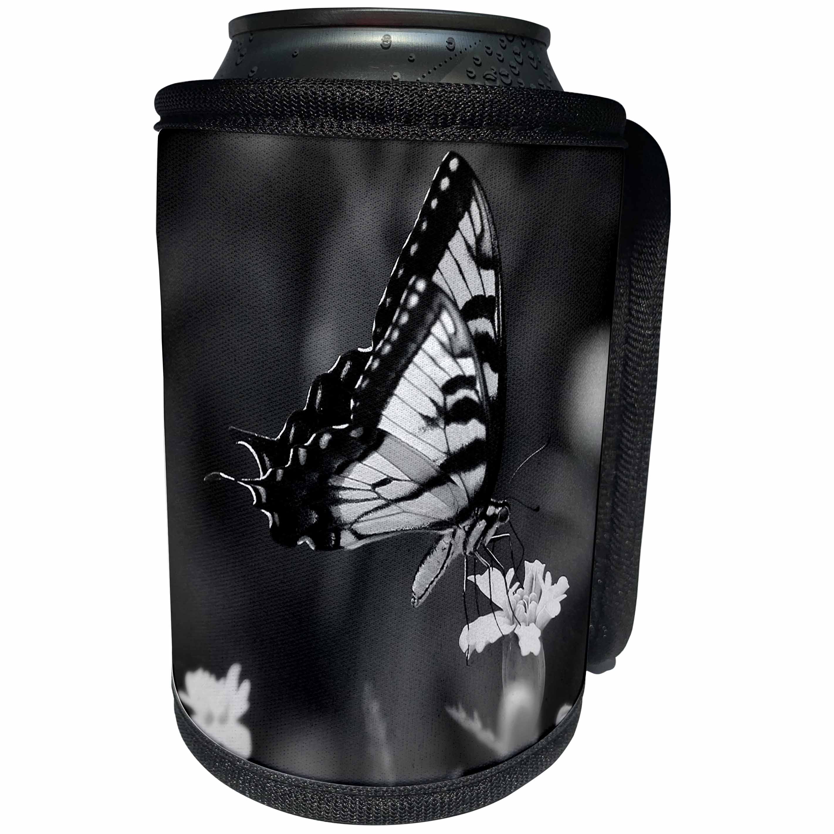 3dRose Stamp City - insects - Black and white photograph of a Swallowtail butterfly on a marigold. - Can Cooler Bottle Wrap (cc_290792)