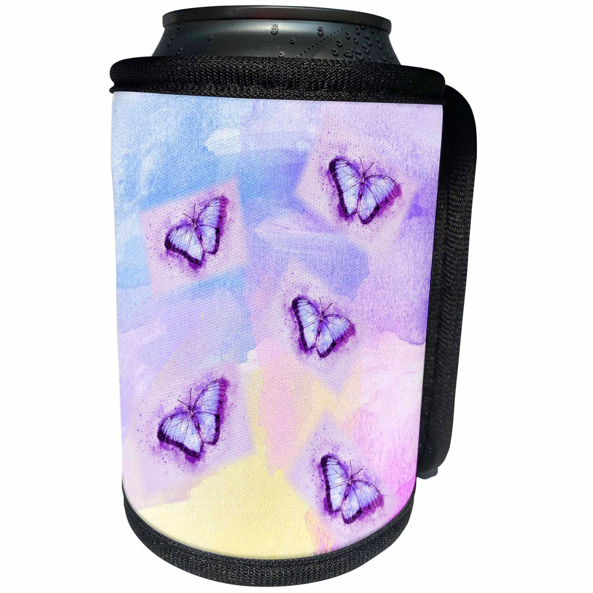 3dRose Lens Art by Florene - Watercolor Art - Image of Five Purple Watercolor Butterflies On Pastel Paint - Can Cooler Bottle Wrap (cc_290975)
