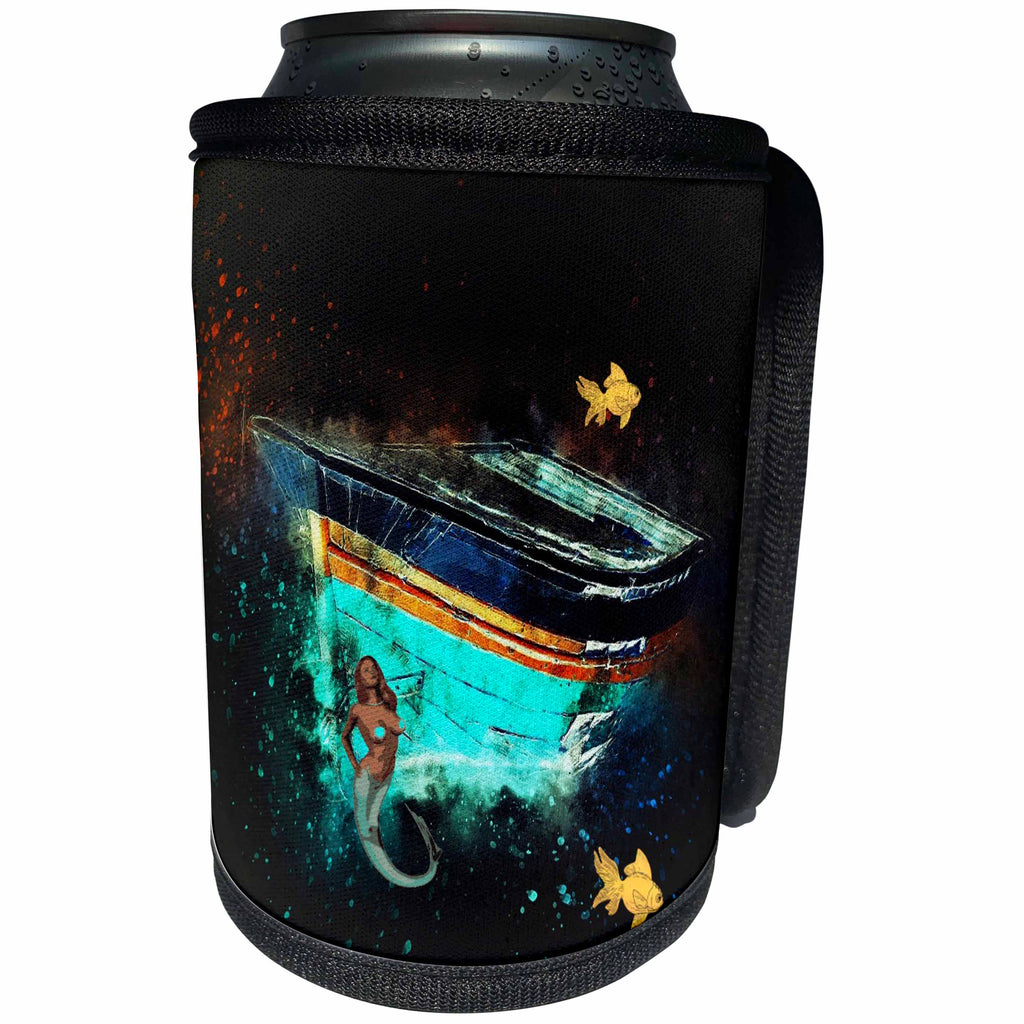 3dRose Lens Art by Florene - Watercolor Art - Image of Underwater Boat With Fish And Mermaid - Can Cooler Bottle Wrap (cc_290983)