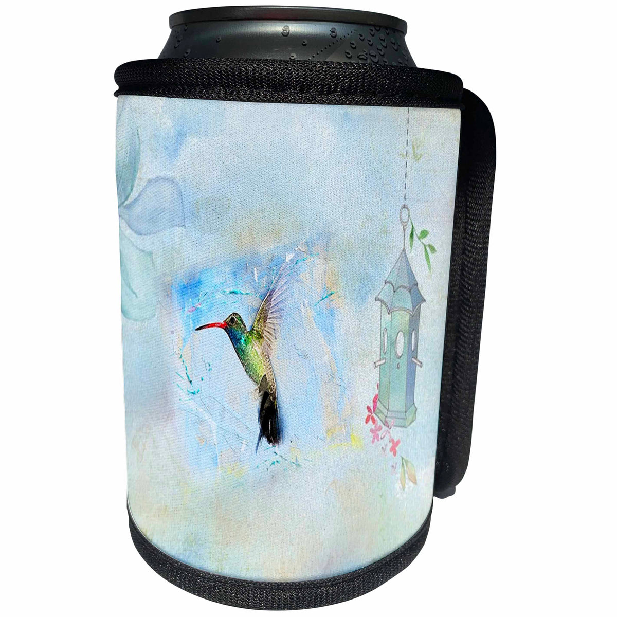 3dRose Lens Art by Florene - Watercolor Art - Image of Watercolor Painting Of Hummingbird And Old Bird House - Can Cooler Bottle Wrap (cc_290989)