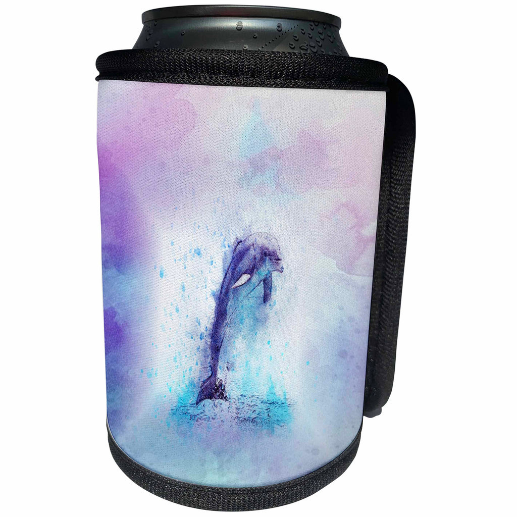 3dRose Lens Art by Florene - Watercolor Art - Image of Watercolor Dolphin Painting On Blue Violet Background - Can Cooler Bottle Wrap (cc_290993)
