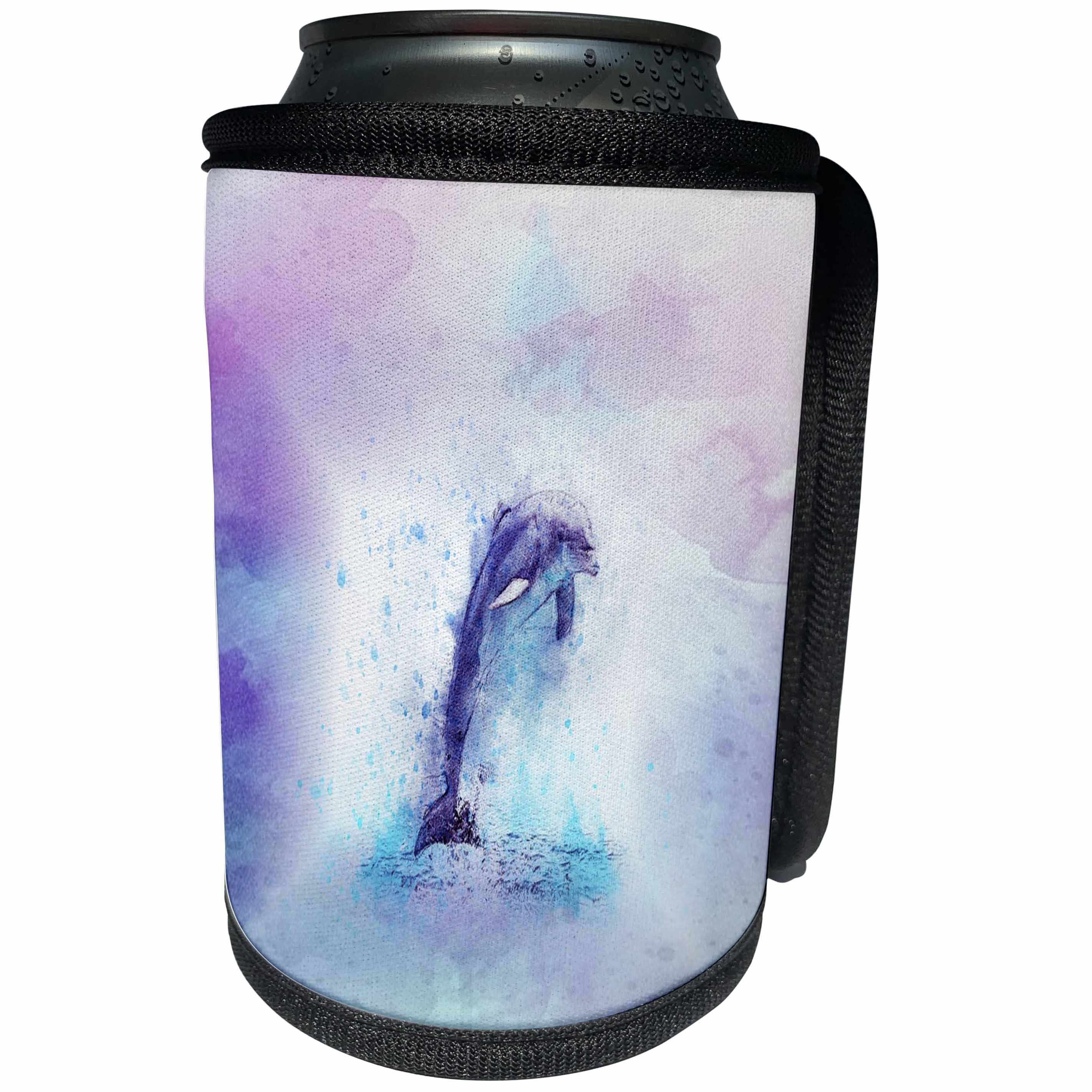 3dRose Lens Art by Florene - Watercolor Art - Image of Watercolor Dolphin Painting On Blue Violet Background - Can Cooler Bottle Wrap (cc_290993)