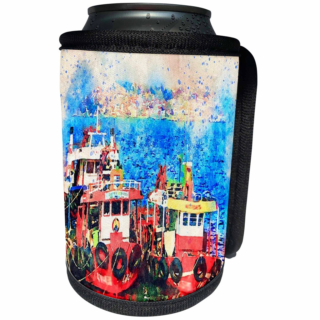3dRose Lens Art by Florene - Watercolor Art - Image of Red Tugboats In Watercolor Painting - Can Cooler Bottle Wrap (cc_290996)