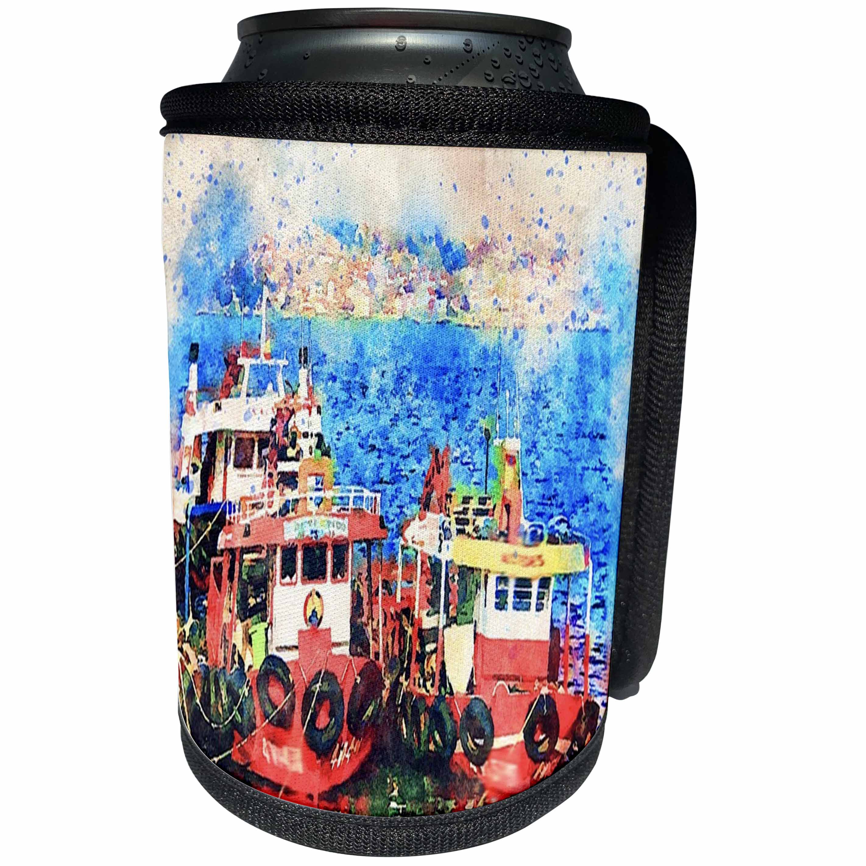 3dRose Lens Art by Florene - Watercolor Art - Image of Red Tugboats In Watercolor Painting - Can Cooler Bottle Wrap (cc_290996)