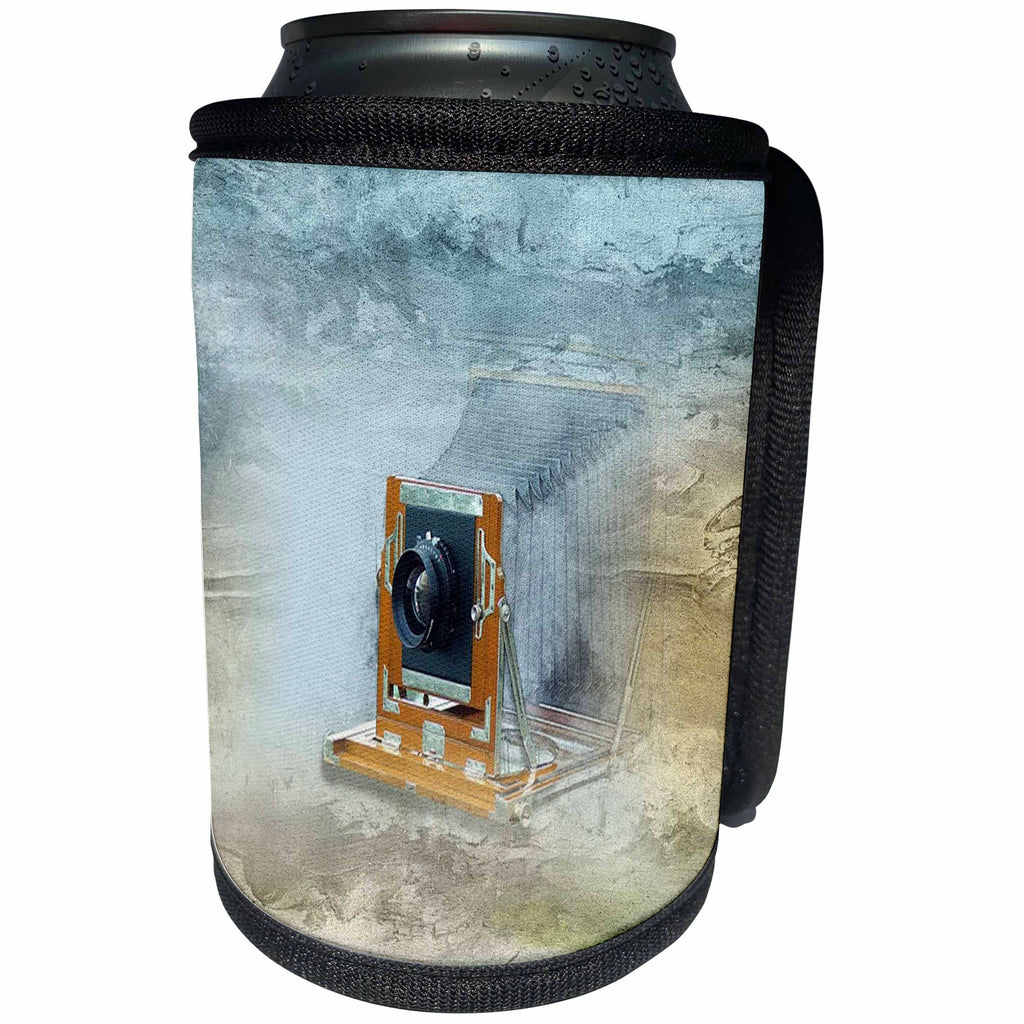 3dRose Lens Art by Florene - Watercolor Art - Image of Painting Of An Antique Camera On Blue And Beige - Can Cooler Bottle Wrap (cc_290997)