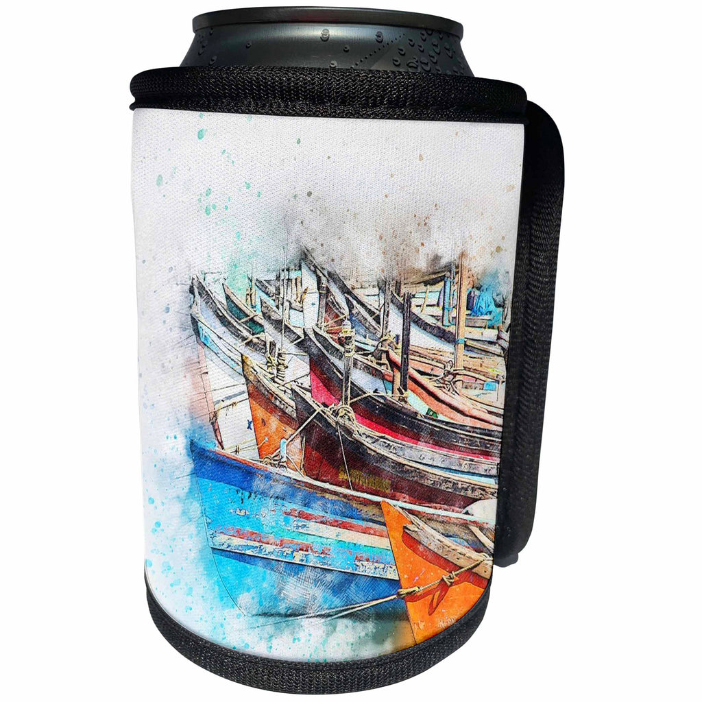 3dRose Lens Art by Florene - Watercolor Art - Image of Row Of Fishing Boats Done In Watercolor Paint - Can Cooler Bottle Wrap (cc_291001)