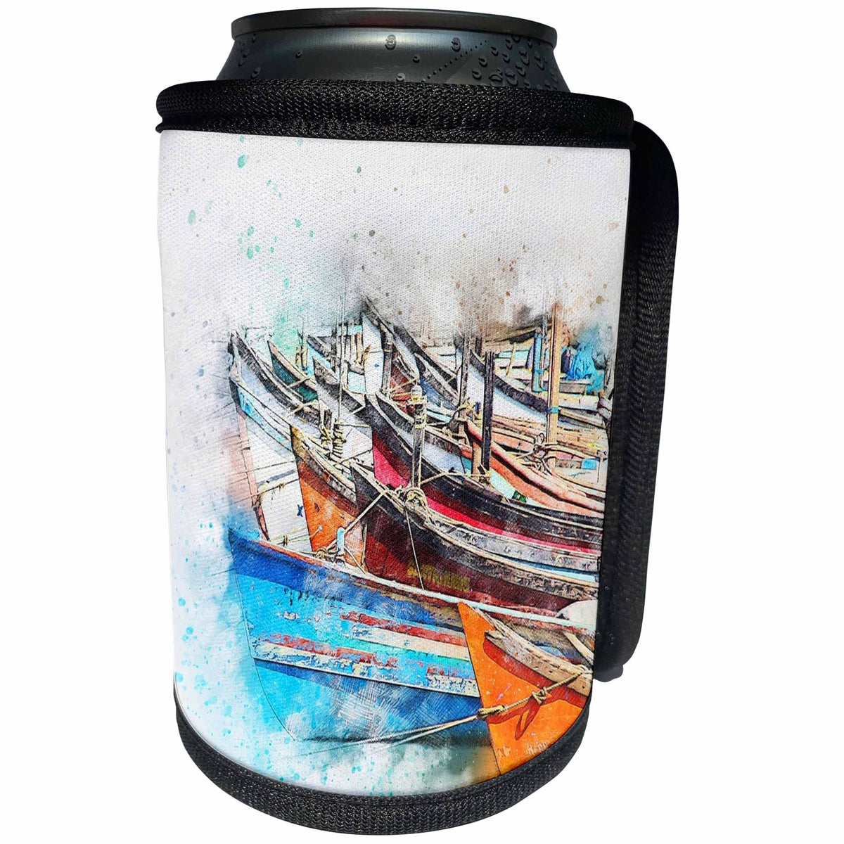 3dRose Lens Art by Florene - Watercolor Art - Image of Row Of Fishing Boats Done In Watercolor Paint - Can Cooler Bottle Wrap (cc_291001)