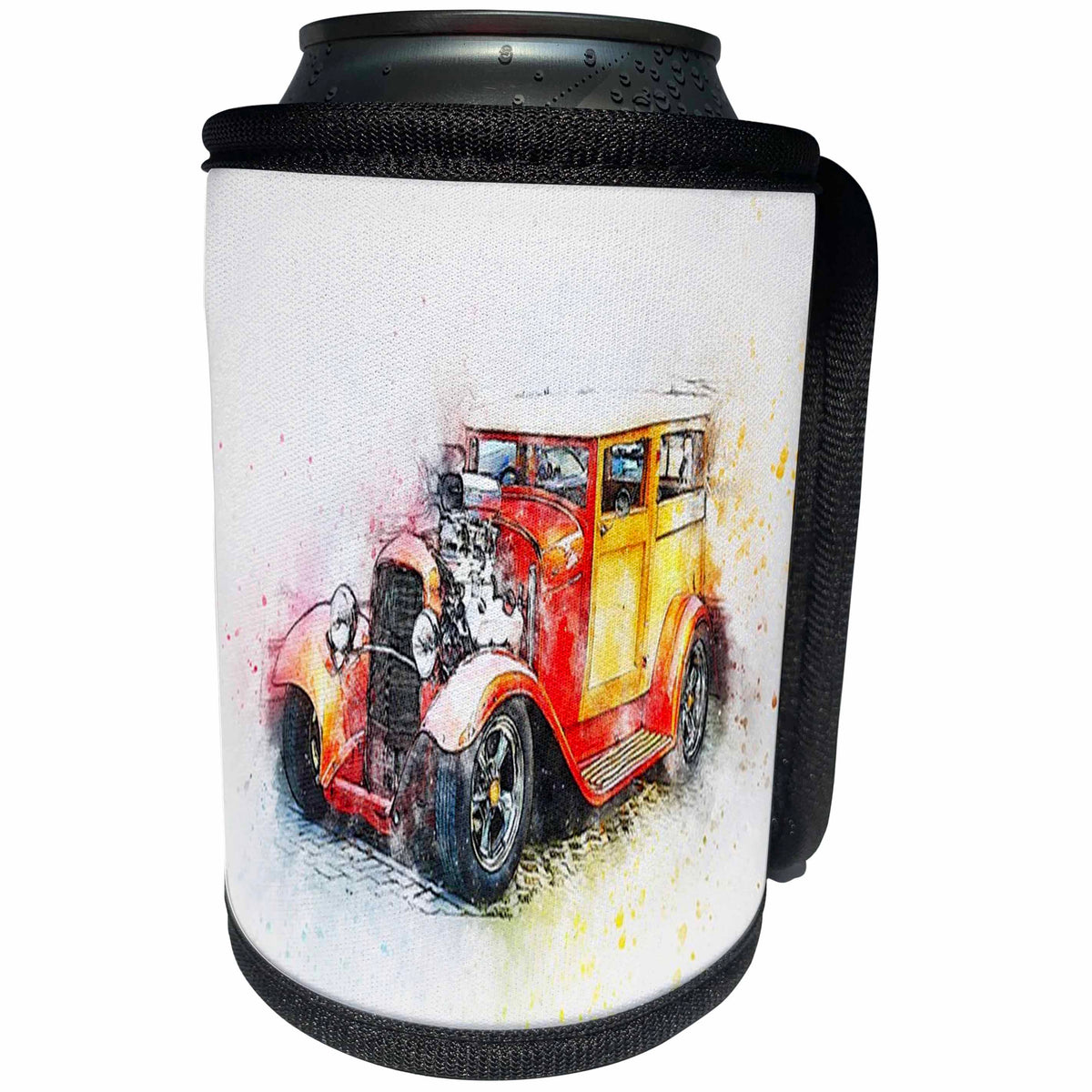 3dRose Lens Art by Florene - Watercolor Art - Image of Watercolor Of Antique Hot Rod Car - Can Cooler Bottle Wrap (cc_291004)