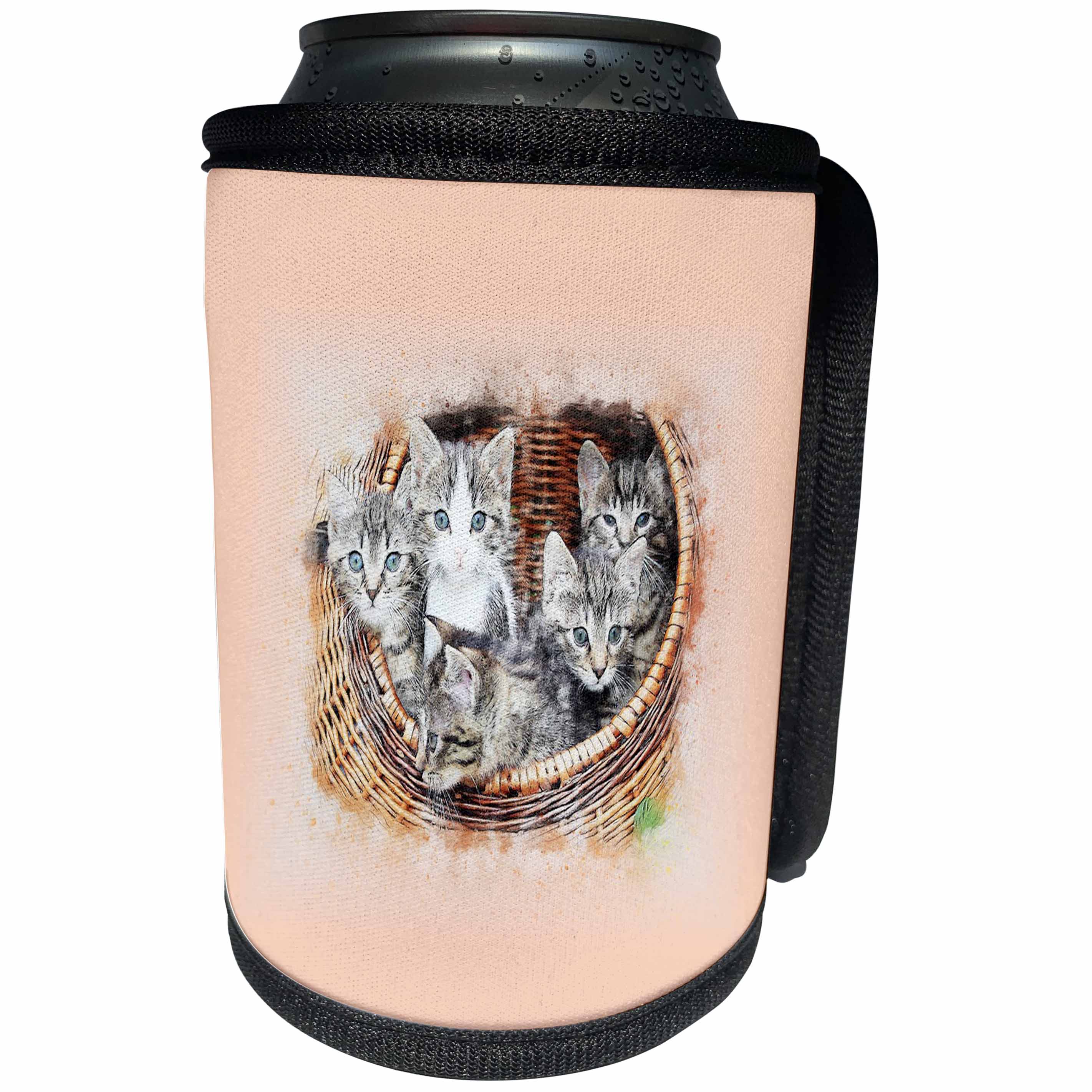 3dRose Lens Art by Florene - Watercolor Art - Image of Watercolor Of Five Blue Eyed Kittens In A Wicker Basket - Can Cooler Bottle Wrap (cc_291016)