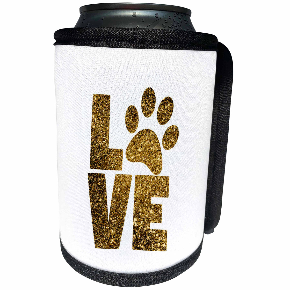 3dRose Lens Art by Florene - Everything Gold - Image of Word Love With A Paw In Glittery Gold - Can Cooler Bottle Wrap (cc_291026)