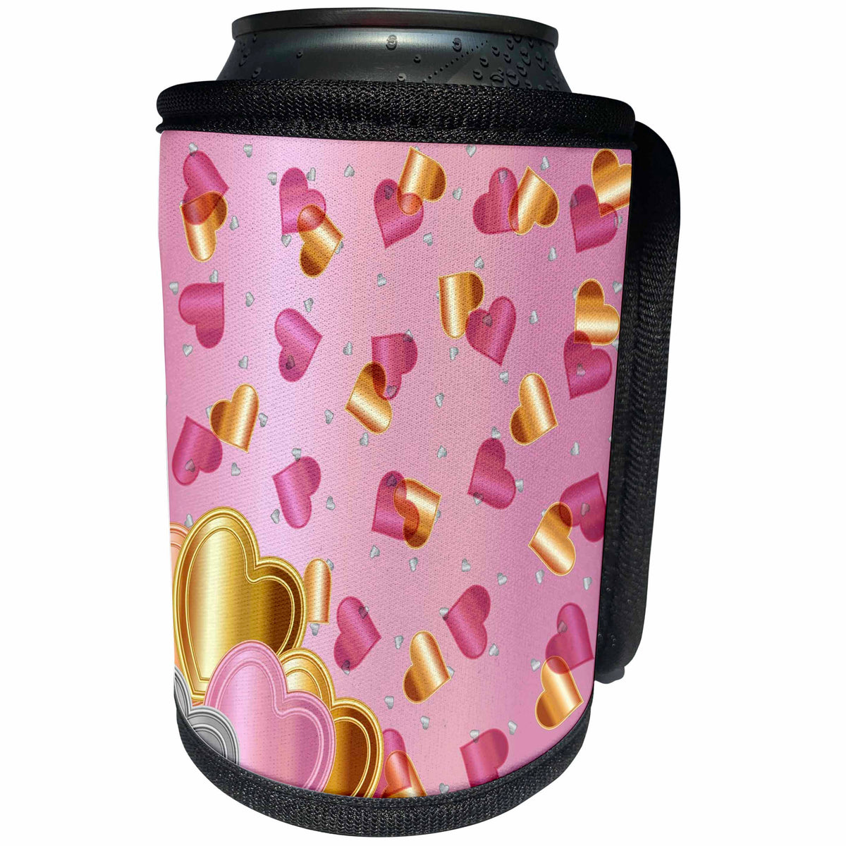 3dRose Lens Art by Florene - Everything Gold - Image of Gold And Pink Hearts On Pink - Can Cooler Bottle Wrap (cc_291030)