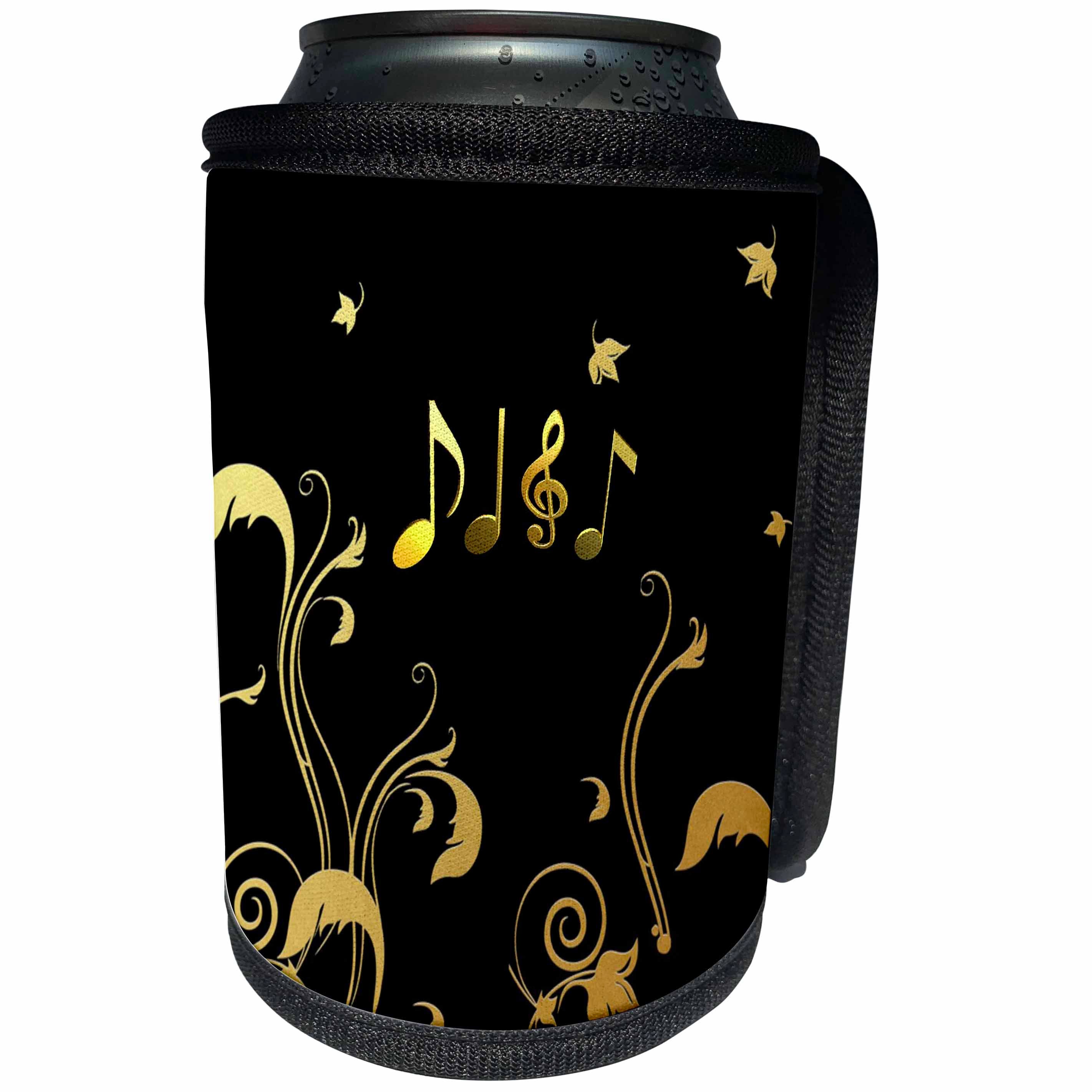 3dRose Lens Art by Florene - Everything Gold - Image of Gold Scrolly Design With Musical Notes On Black - Can Cooler Bottle Wrap (cc_291035)