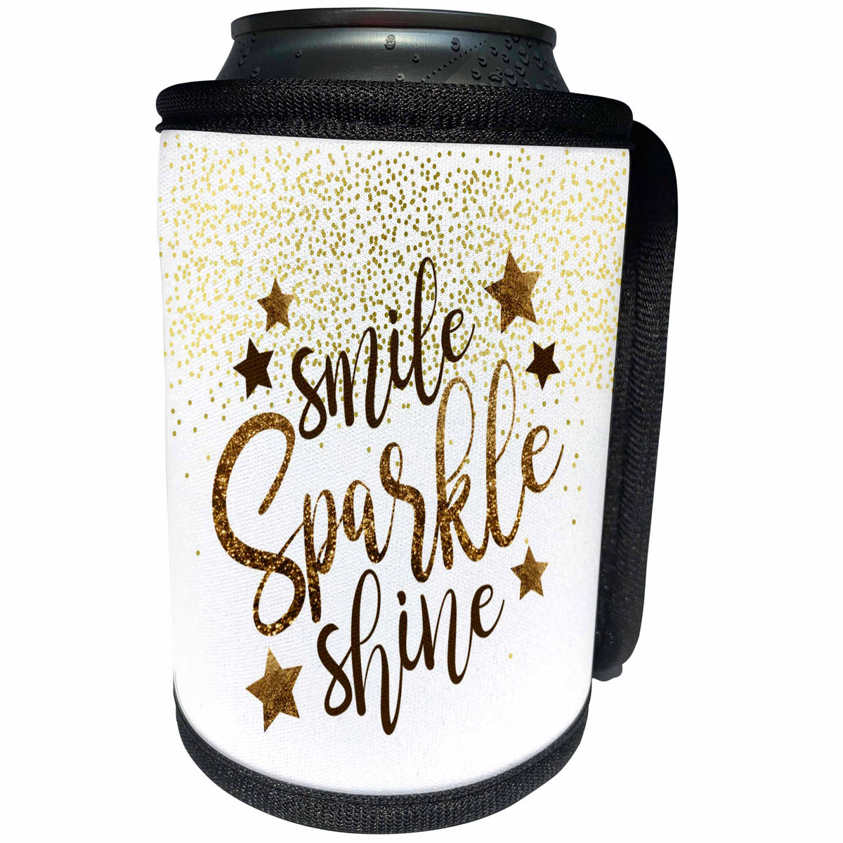 3dRose Lens Art by Florene - Everything Gold - Image of Words Smile Sparkle Shine In Gold Glitter On Dotted Gold - Can Cooler Bottle Wrap (cc_291037)