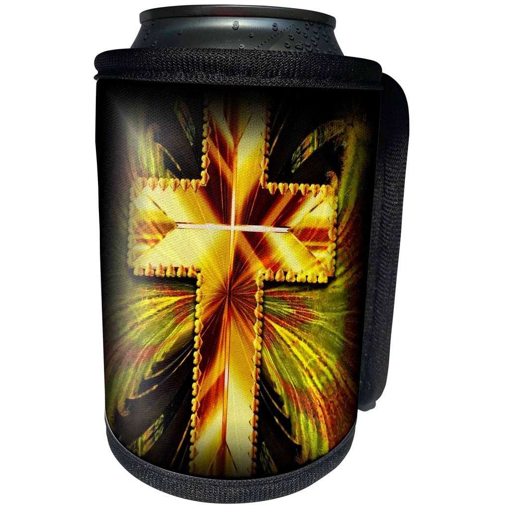 3dRose Lens Art by Florene - Everything Gold - Image of Gold Cross On Black Design - Can Cooler Bottle Wrap (cc_291038)