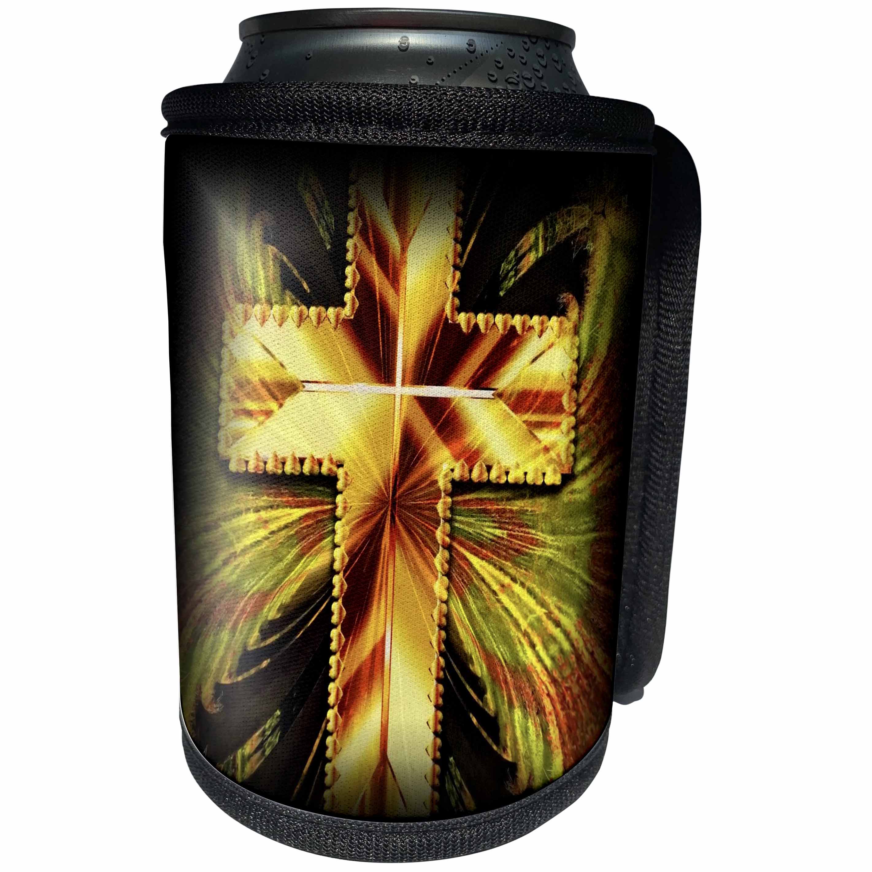 3dRose Lens Art by Florene - Everything Gold - Image of Gold Cross On Black Design - Can Cooler Bottle Wrap (cc_291038)