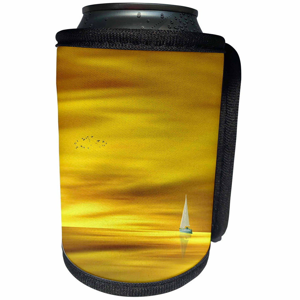3dRose Lens Art by Florene - Everything Gold - Image of Sailboat On Golden Waters with Matching Sky - Can Cooler Bottle Wrap (cc_291040)