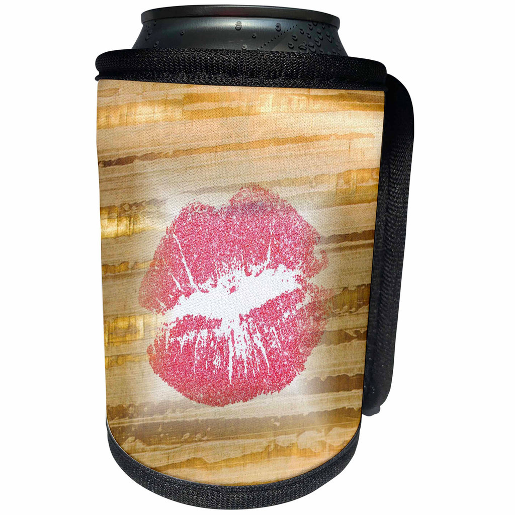 3dRose Lens Art by Florene - Everything Gold - Image of Large Shiny Pink Lips On Golden Threads - Can Cooler Bottle Wrap (cc_291050)