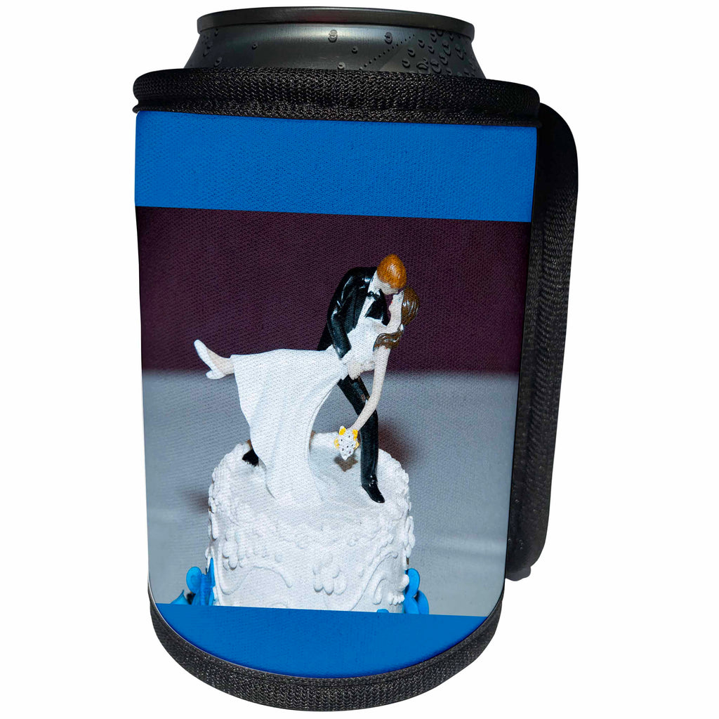 3dRose Jos Fauxtographee- Bride and Groom on Cake - A Bride and Groom on a white cake with blue frame top and bottom - Can Cooler Bottle Wrap (cc_291055)