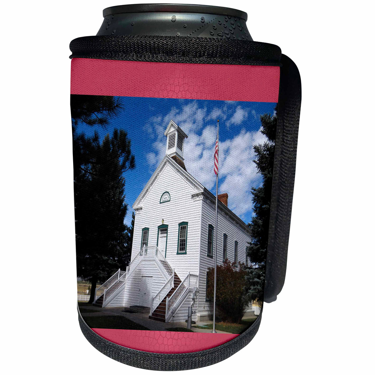 3dRose Jos Fauxtographee- Historical Pine Valley Chapel - The Historical Pine Valley LDS Chapel framed on a coral red - Can Cooler Bottle Wrap (cc_291061)