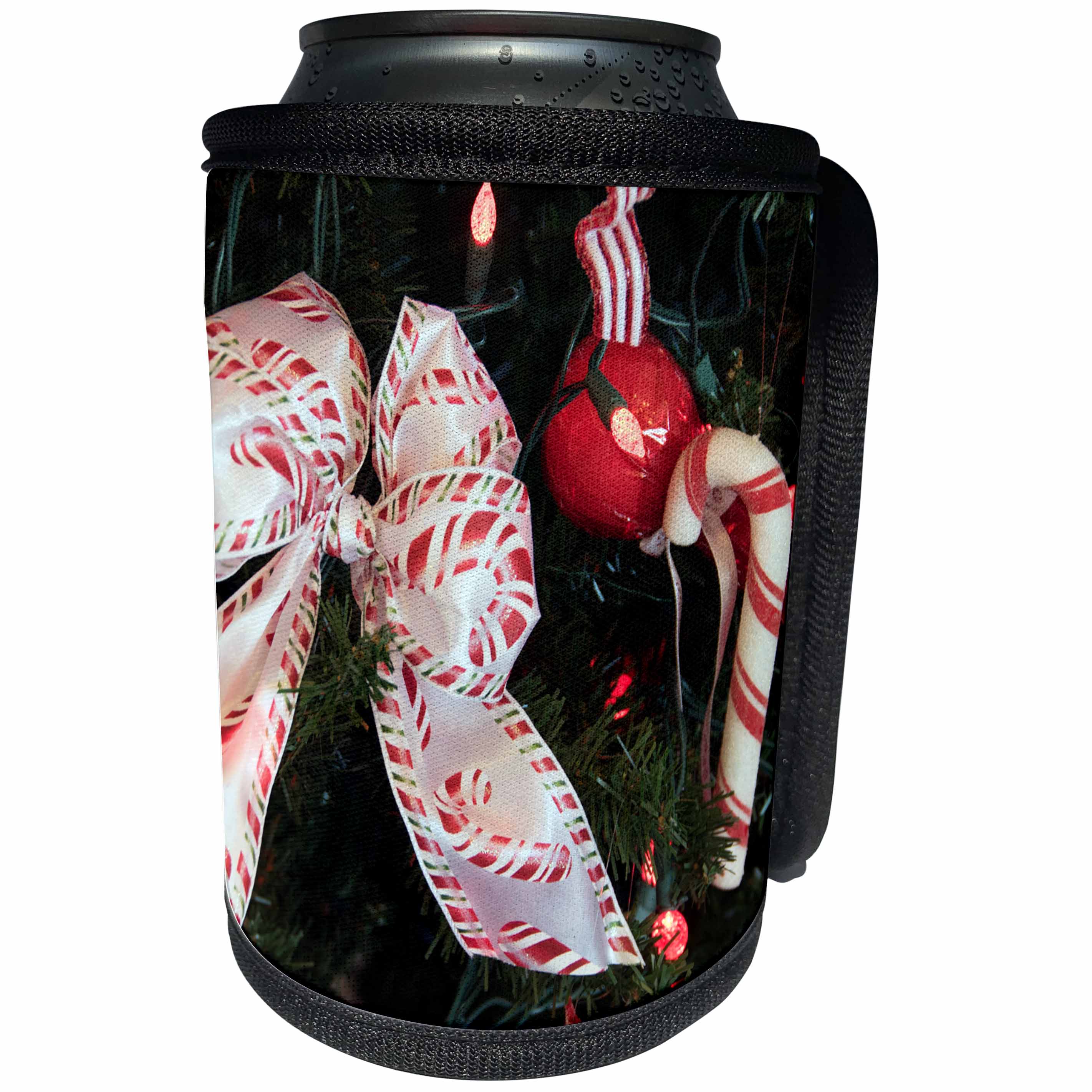 3dRose Jos Fauxtographee- Christmas Decorations on Tree - Some bows and ornaments with candy canes on a Tree for Holiday - Can Cooler Bottle Wrap (cc_291068)