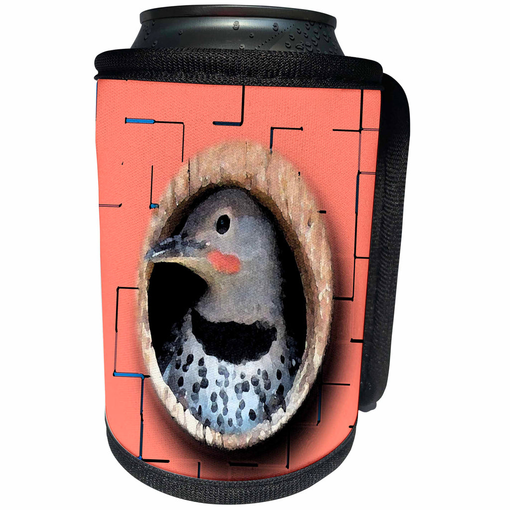 3dRose Jos Fauxtographee- Bird in a Circle - A cute baby bird in a birdhouse with a tiled peach backing - Can Cooler Bottle Wrap (cc_291075)