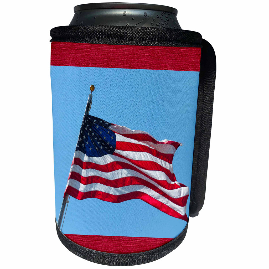 3dRose Jos Fauxtographee- Independence Day Flag - A framed American Flag flying in the wind with a blue sky and red - Can Cooler Bottle Wrap (cc_291083)