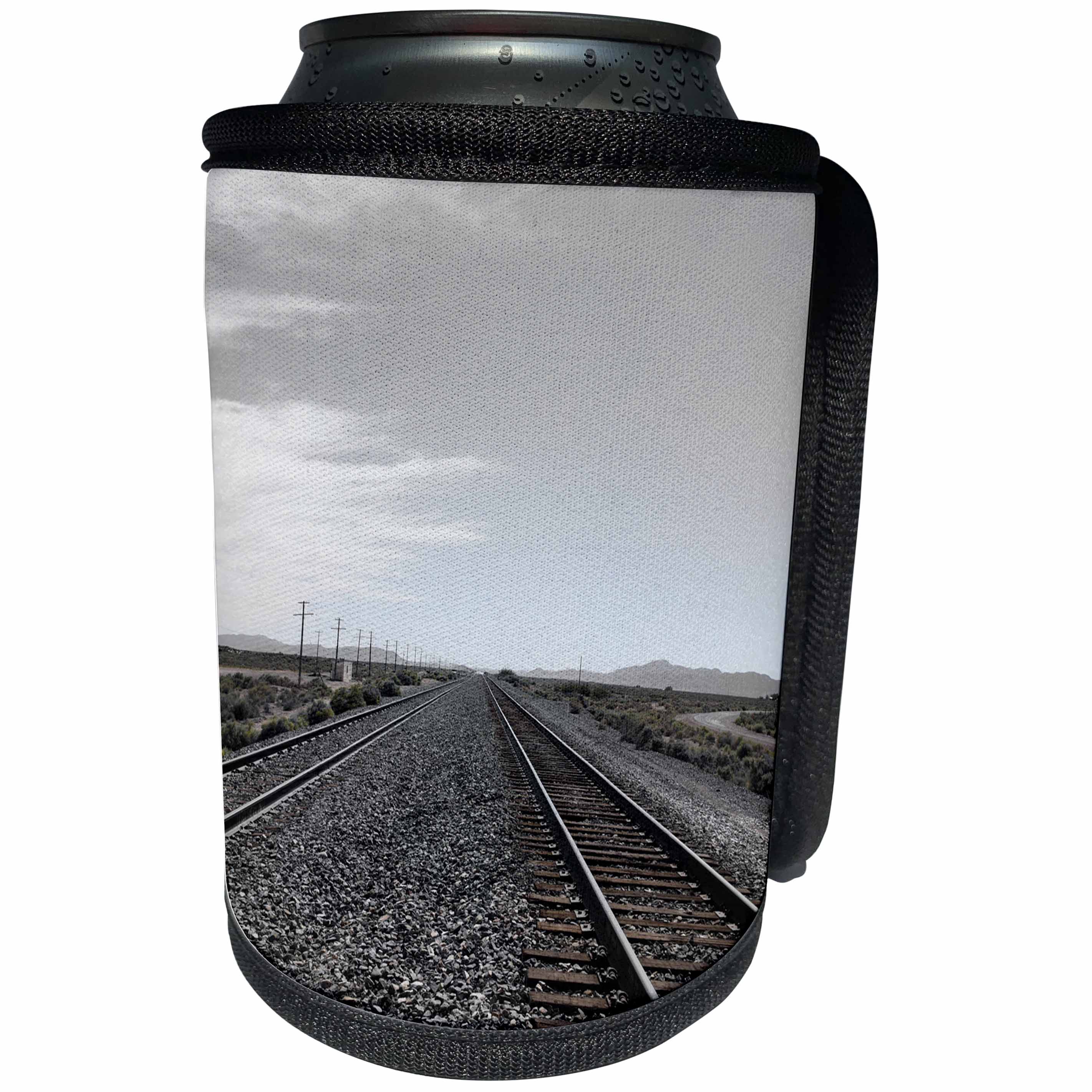 3dRose Jos Fauxtographee- Railroad Tracks Unsaturated - A black and white of a railroad out in Beryl Junction in Utah - Can Cooler Bottle Wrap (cc_291096)
