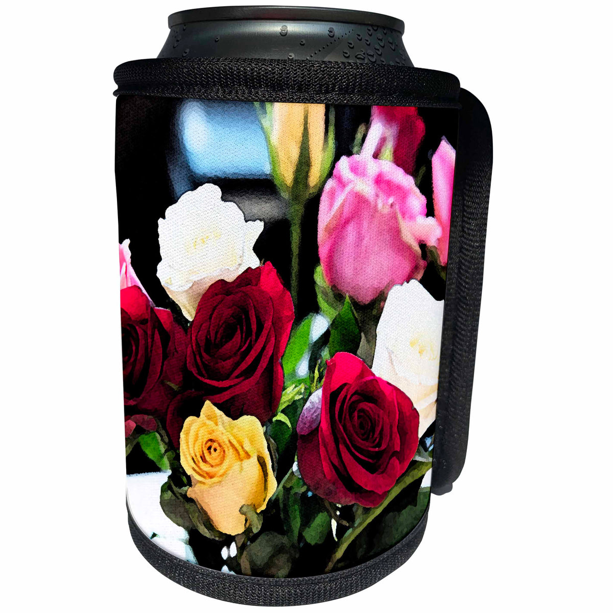 3dRose Jos Fauxtographee- Fresco Roses - Red and pink with yellow and whiet roses shot up close for love - Can Cooler Bottle Wrap (cc_291098)